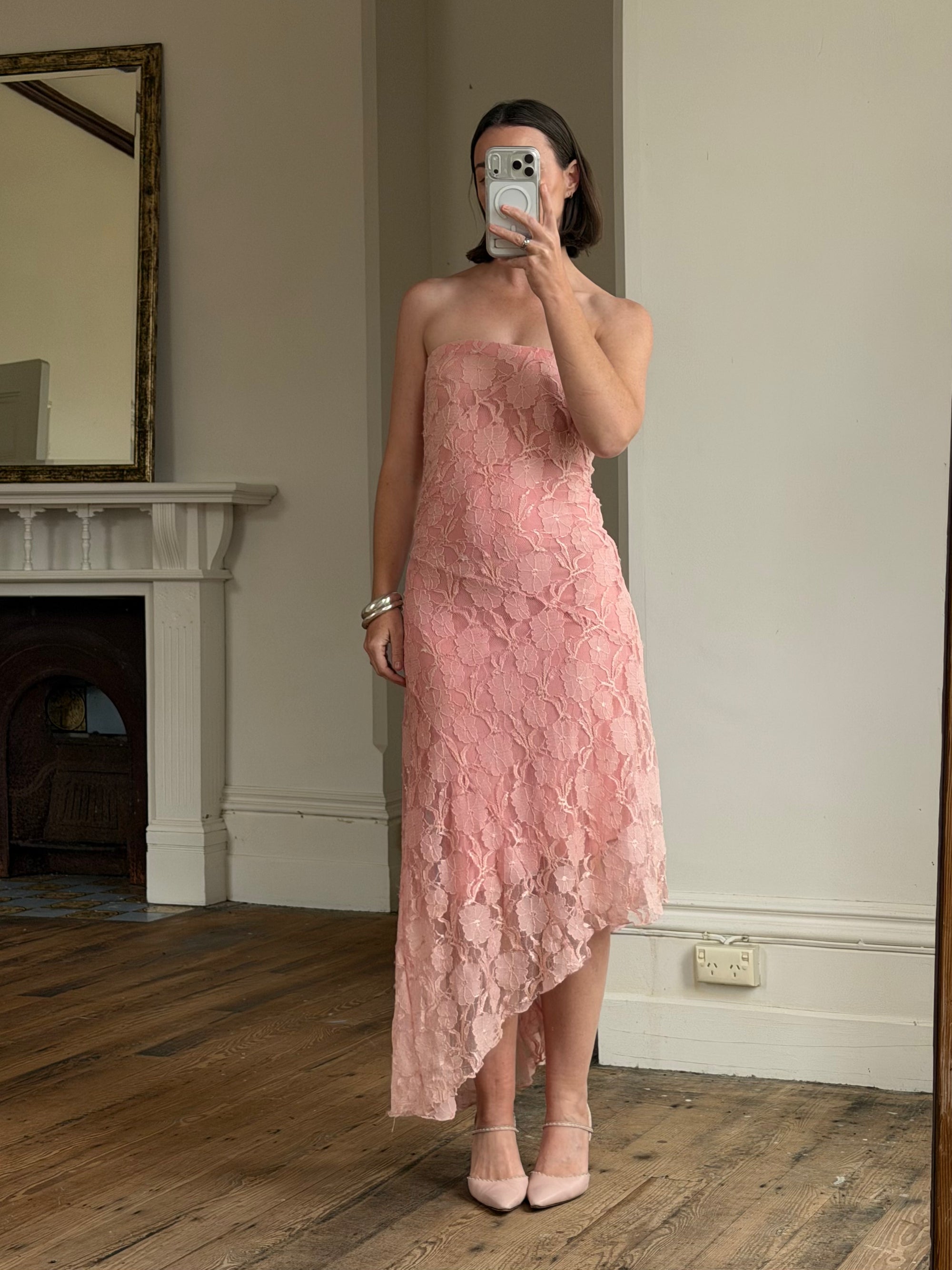 Vintage Y2K Blush Floral Lace Strapless Mini Dress