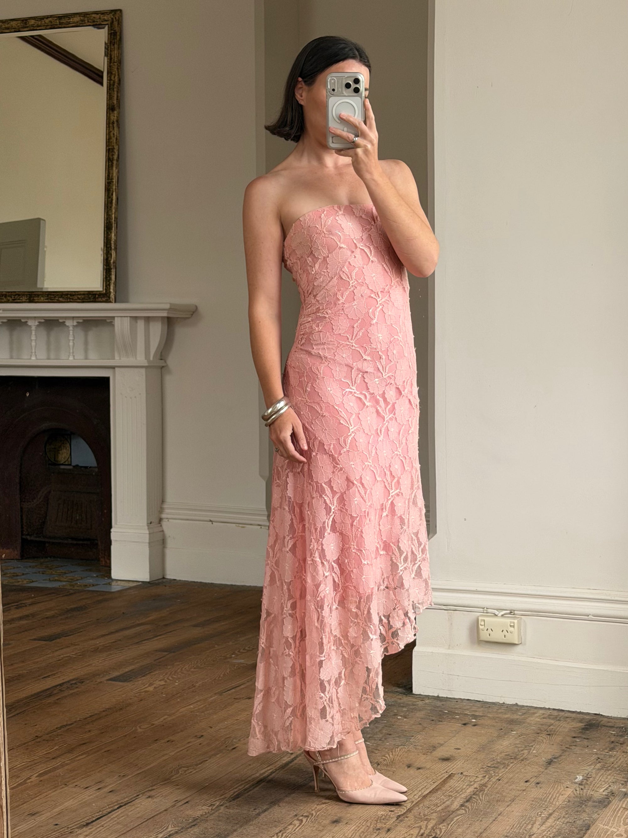 Vintage Y2K Blush Floral Lace Strapless Mini Dress