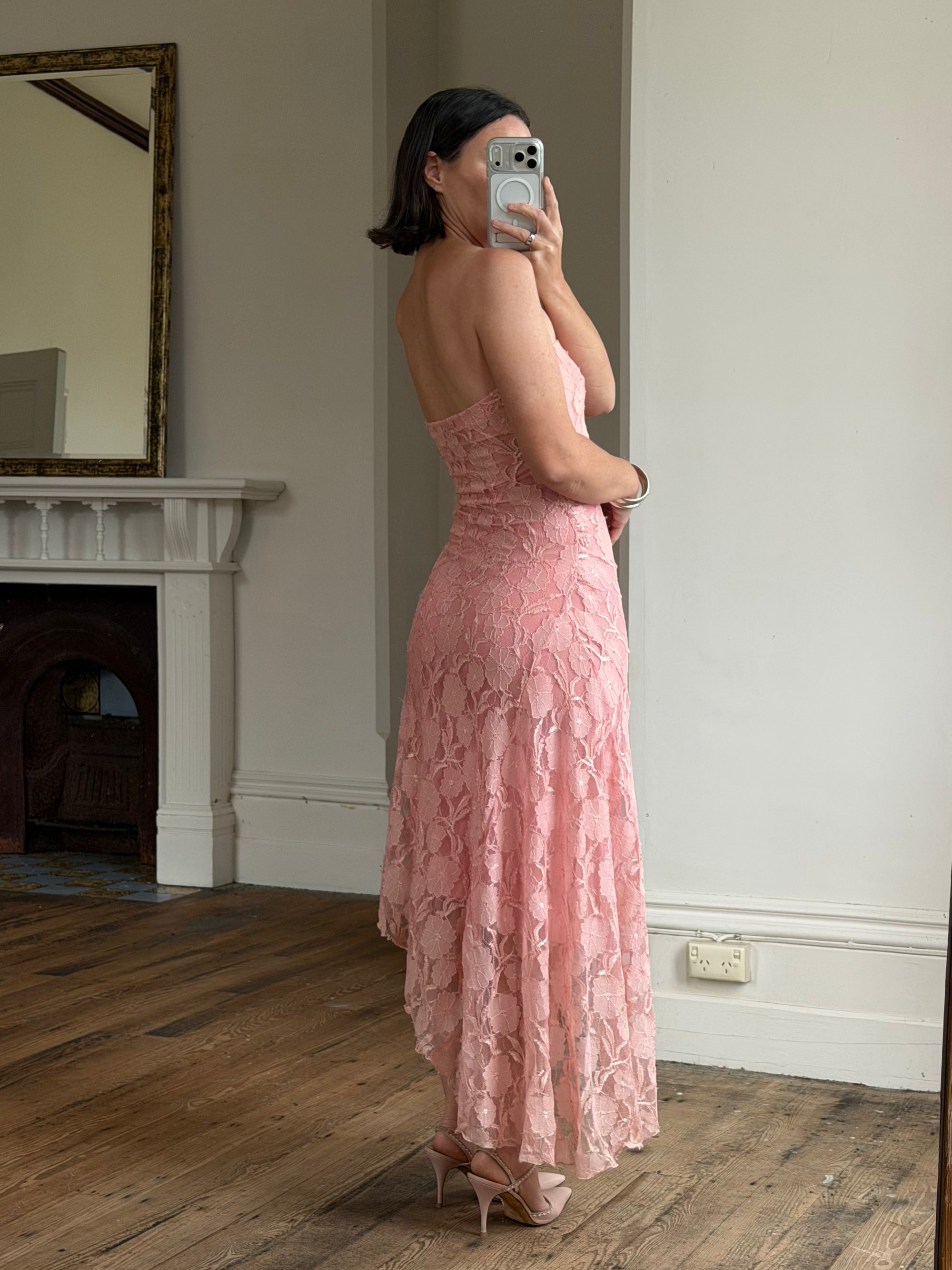 Vintage Y2K Blush Floral Lace Strapless Mini Dress