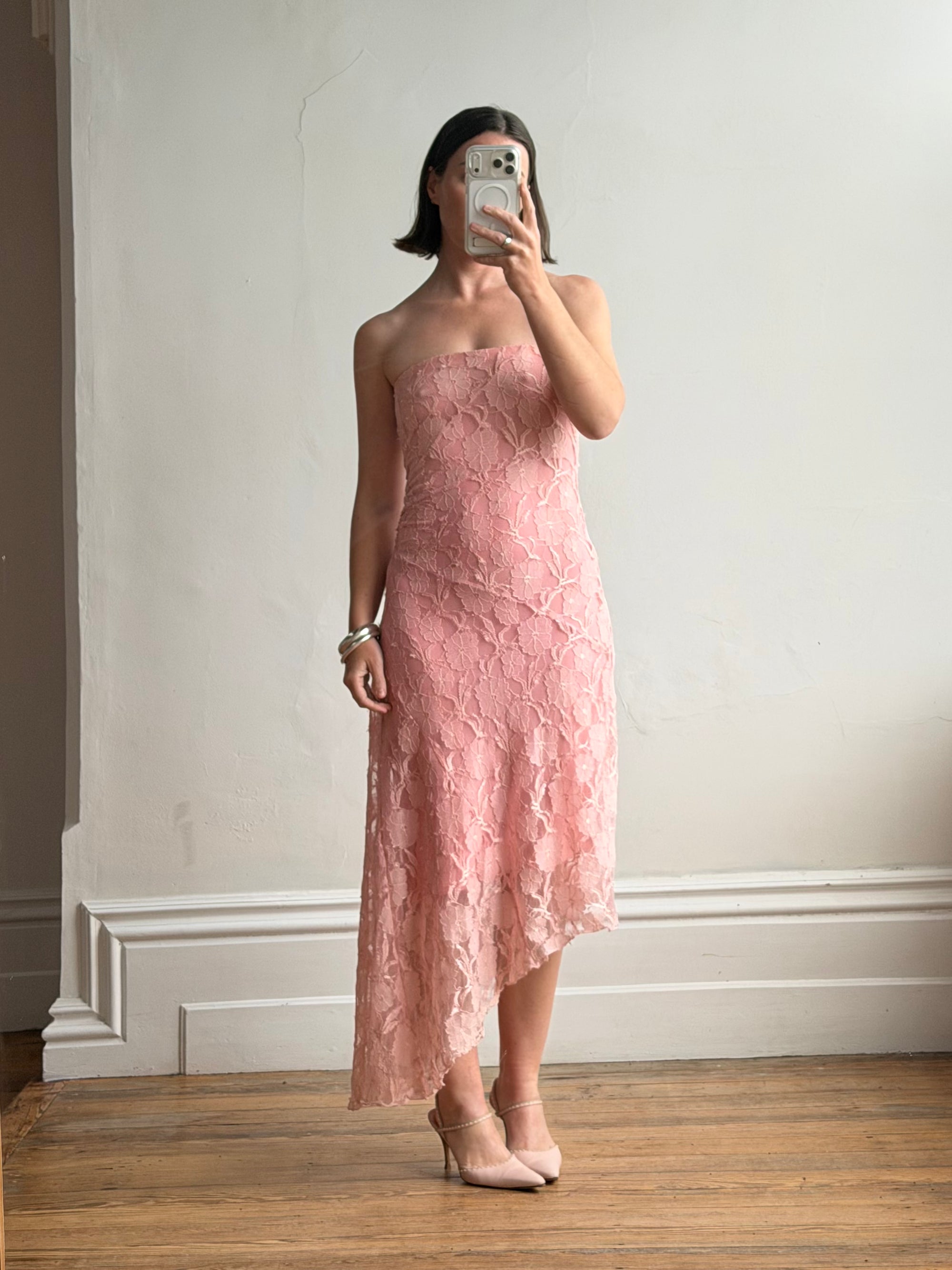 Vintage Y2K Blush Floral Lace Strapless Mini Dress