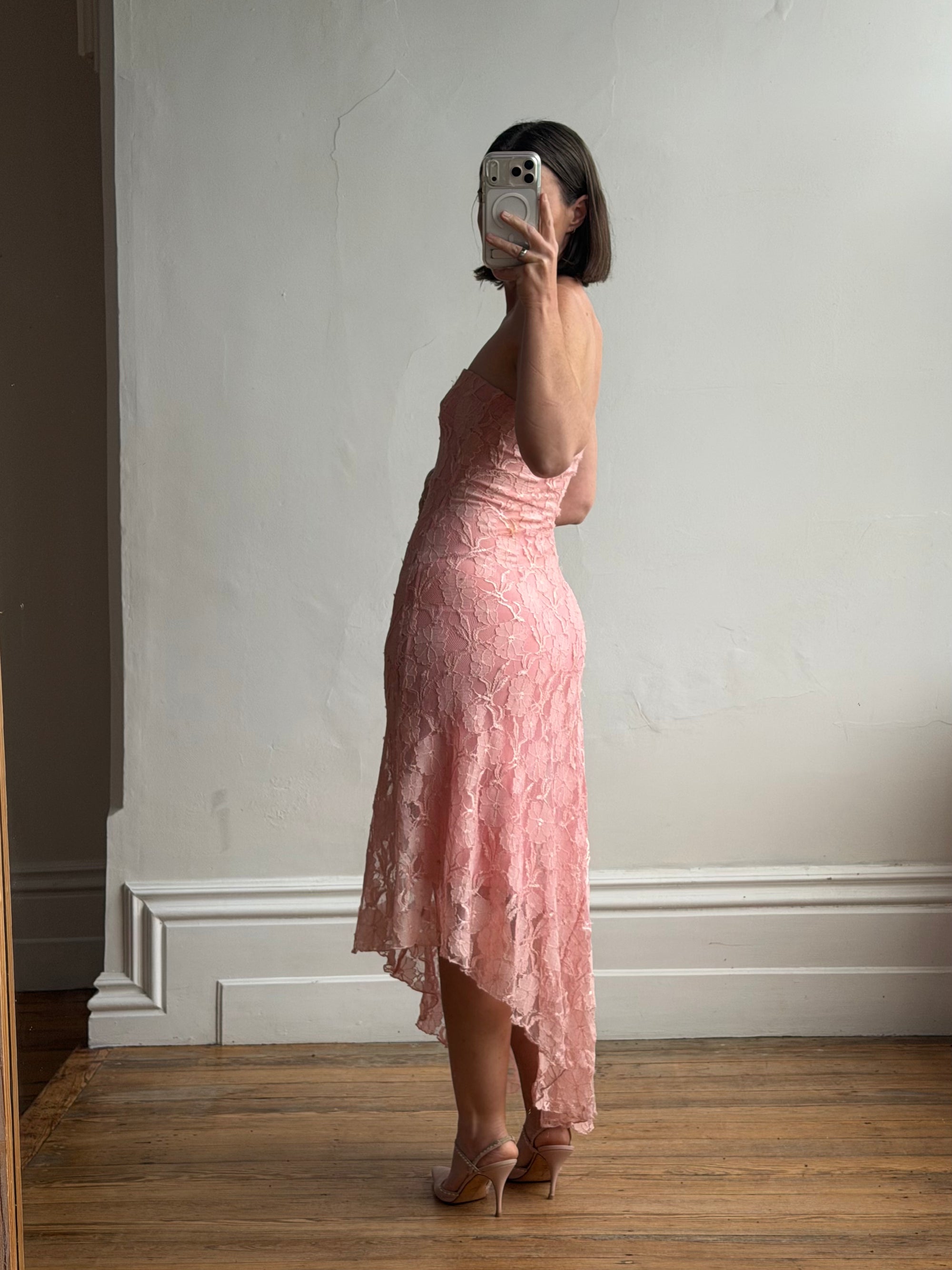 Vintage Y2K Blush Floral Lace Strapless Mini Dress