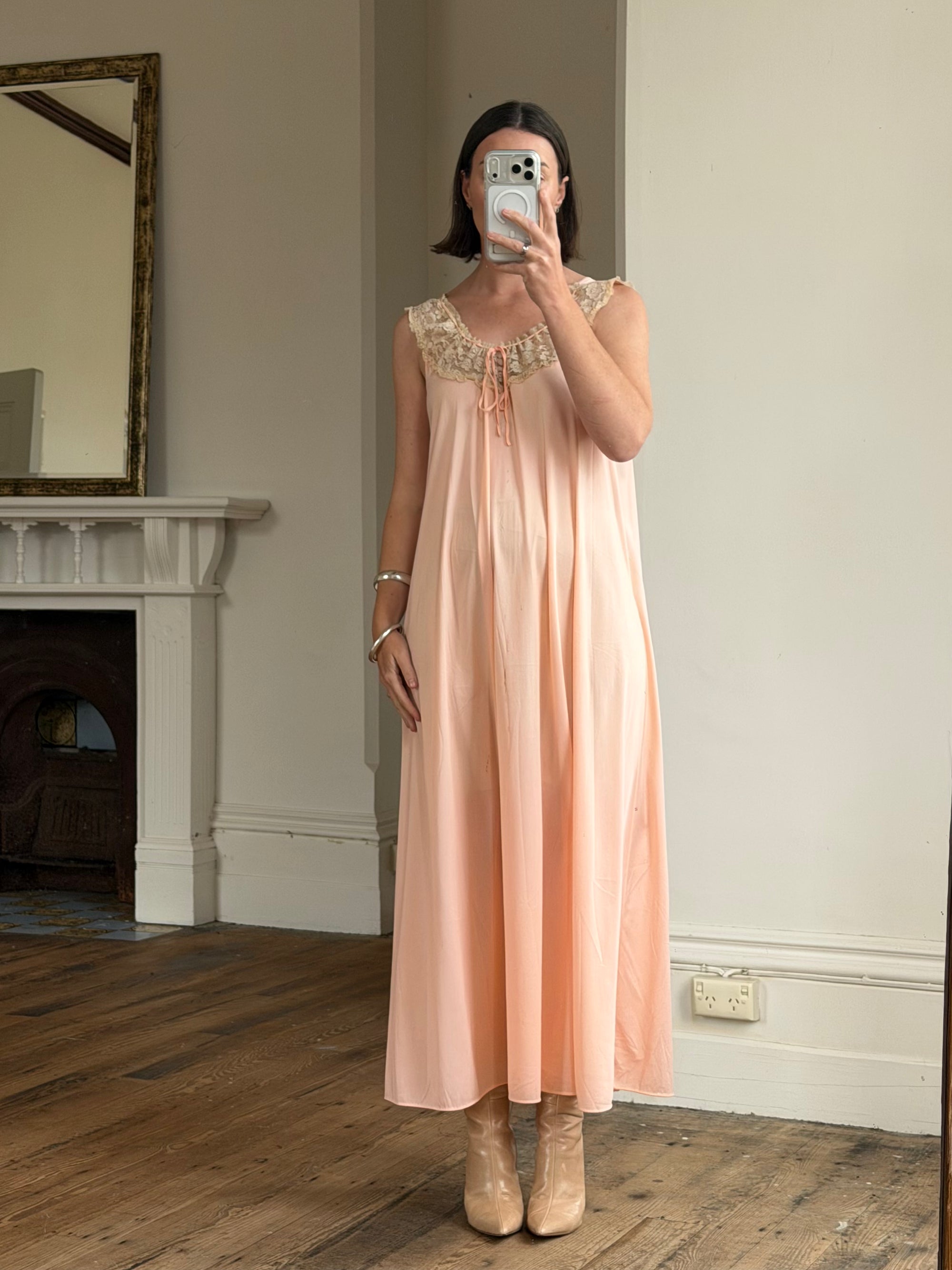 Vintage 70s Peach Satin Lace Trim Negligee Slip Dress
