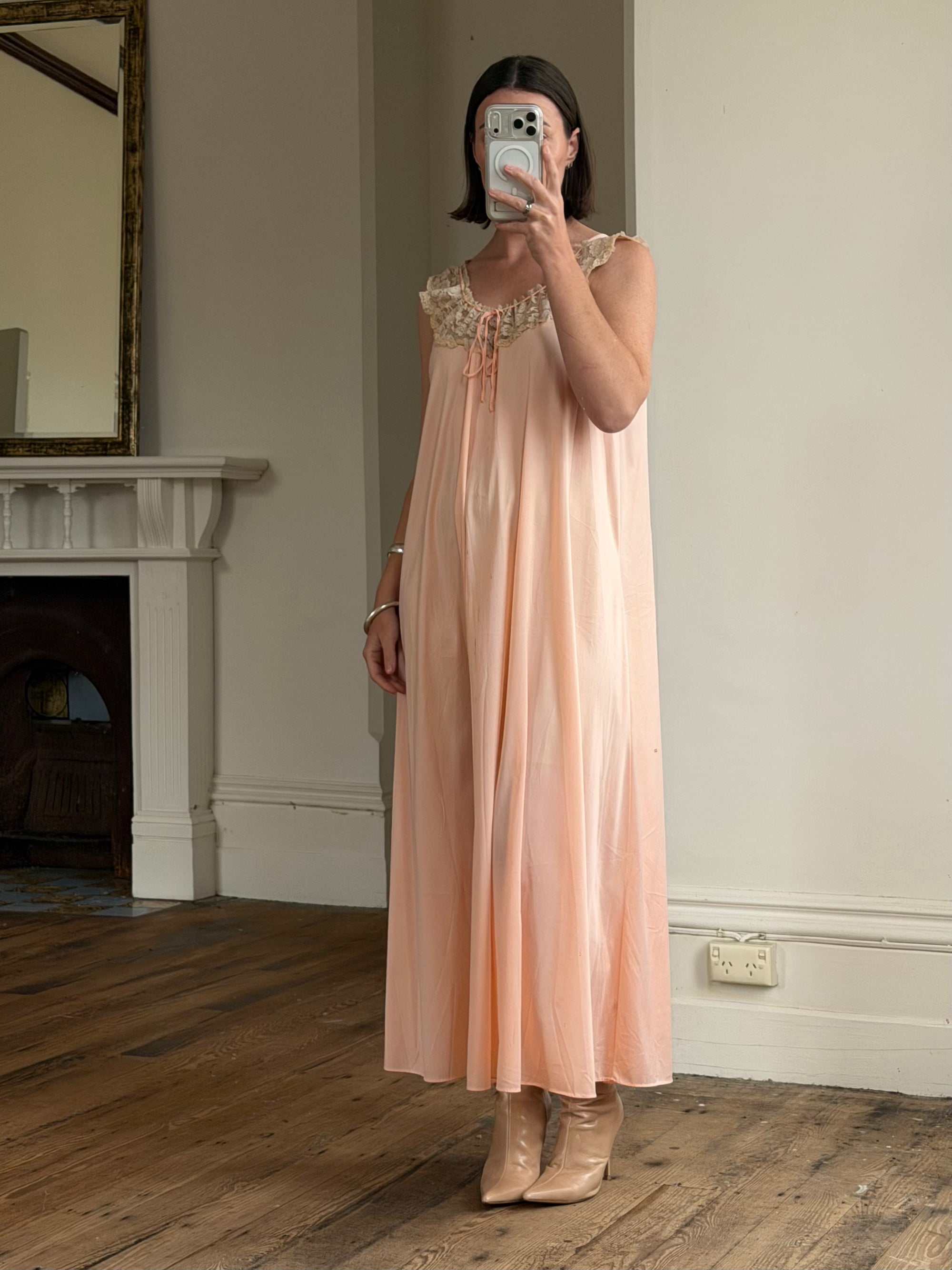 Vintage 70s Peach Satin Lace Trim Negligee Slip Dress
