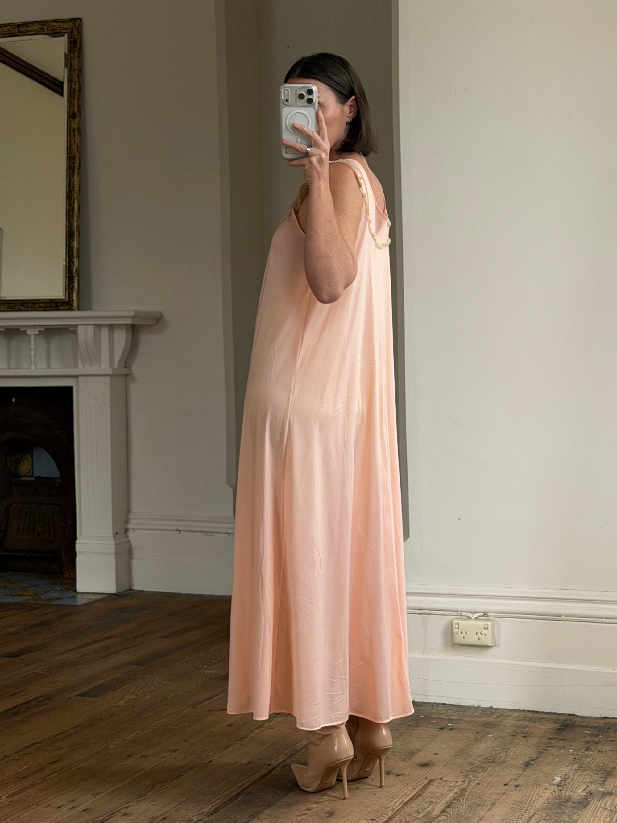 Vintage 70s Peach Satin Lace Trim Negligee Slip Dress