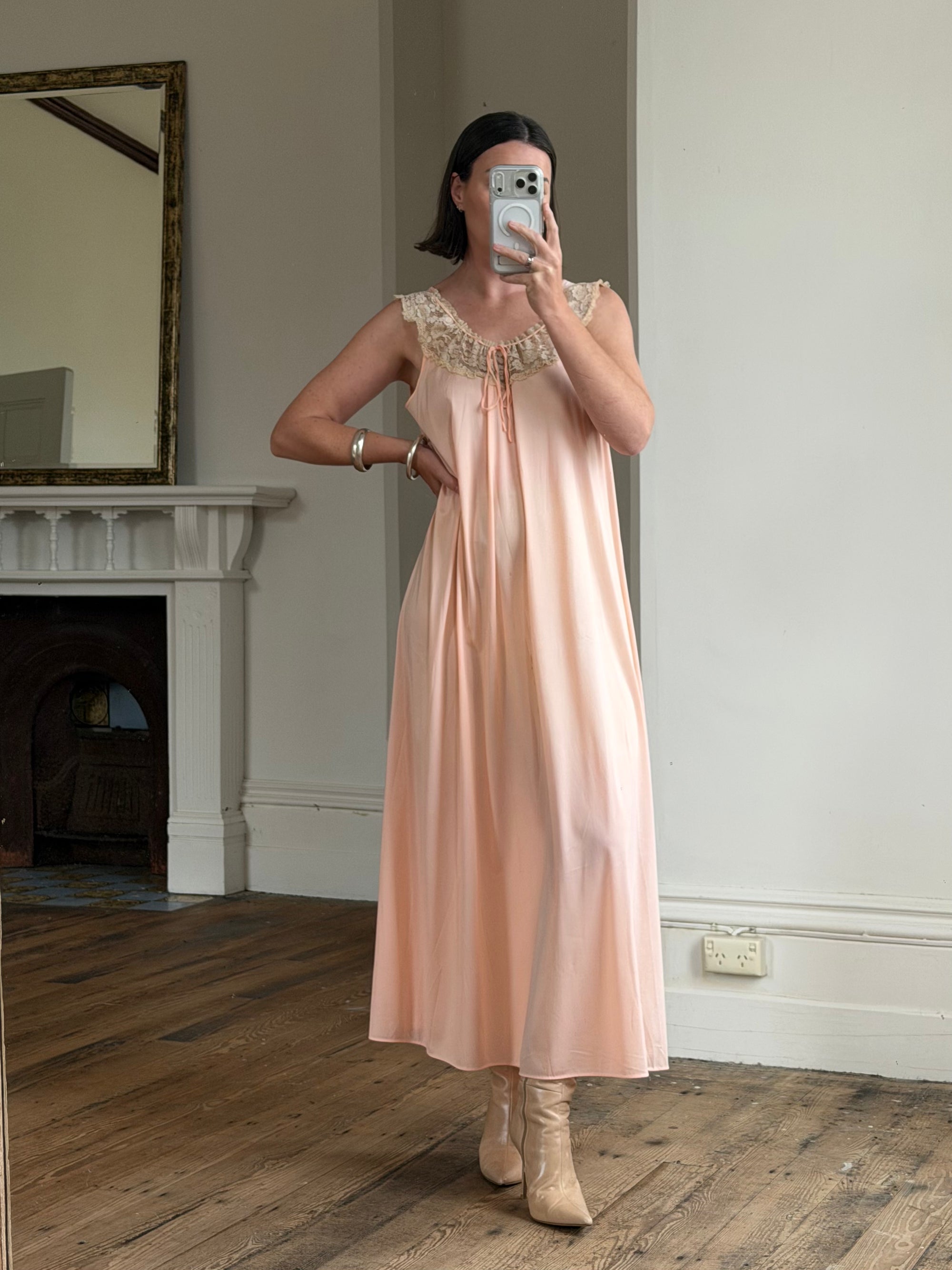 Vintage 70s Peach Satin Lace Trim Negligee Slip Dress