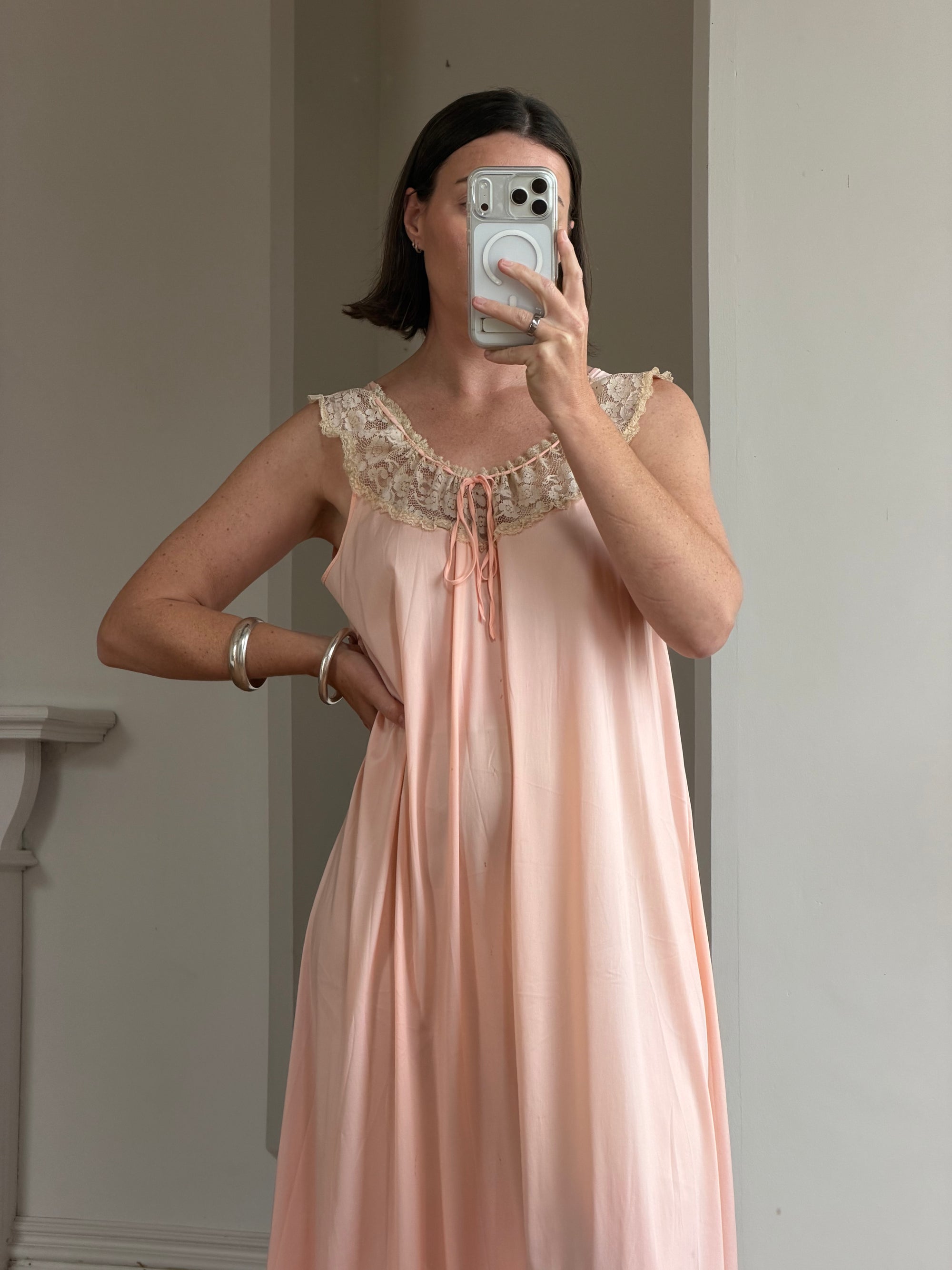Vintage 70s Peach Satin Lace Trim Negligee Slip Dress