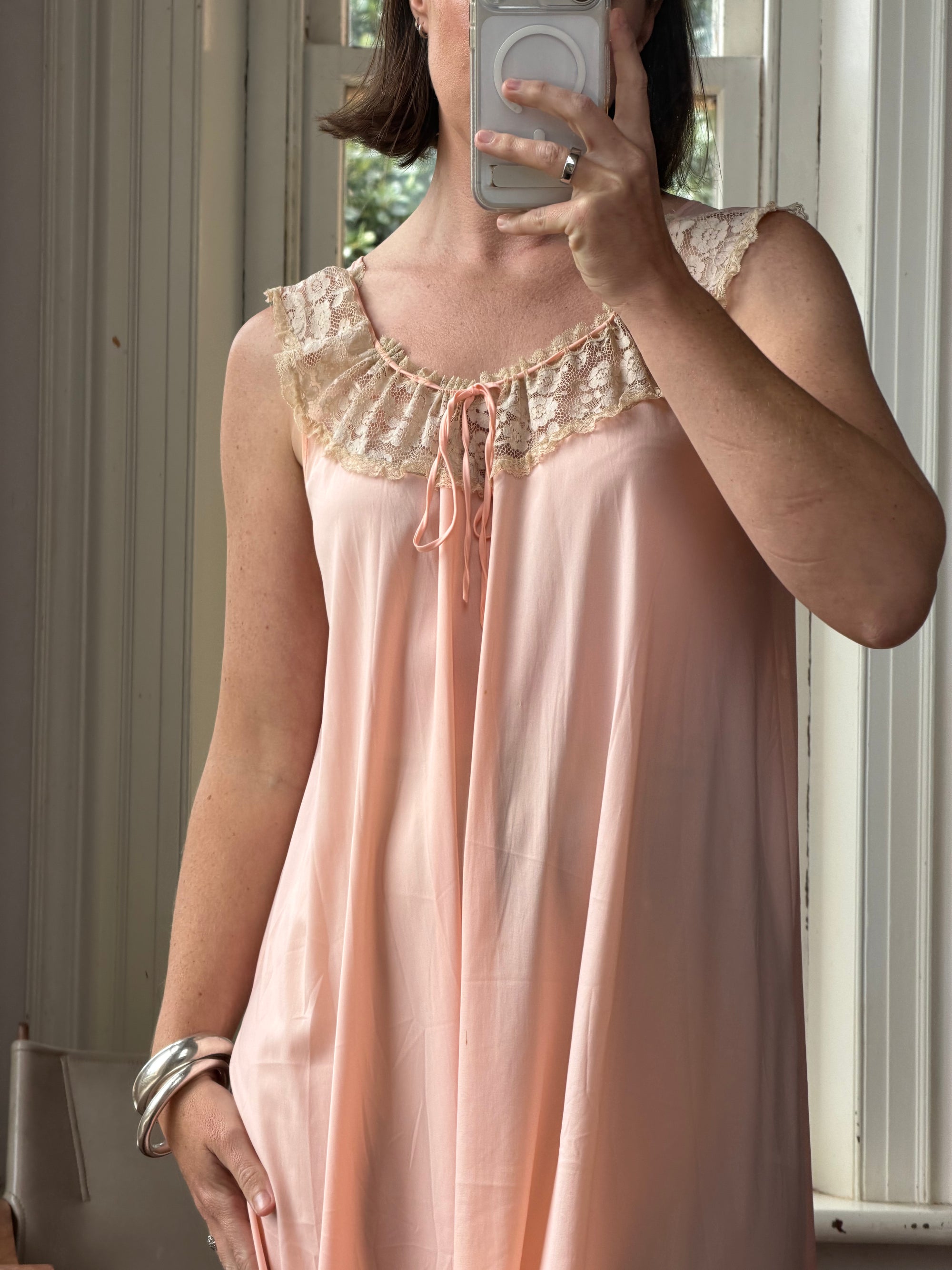 Vintage 70s Peach Satin Lace Trim Negligee Slip Dress