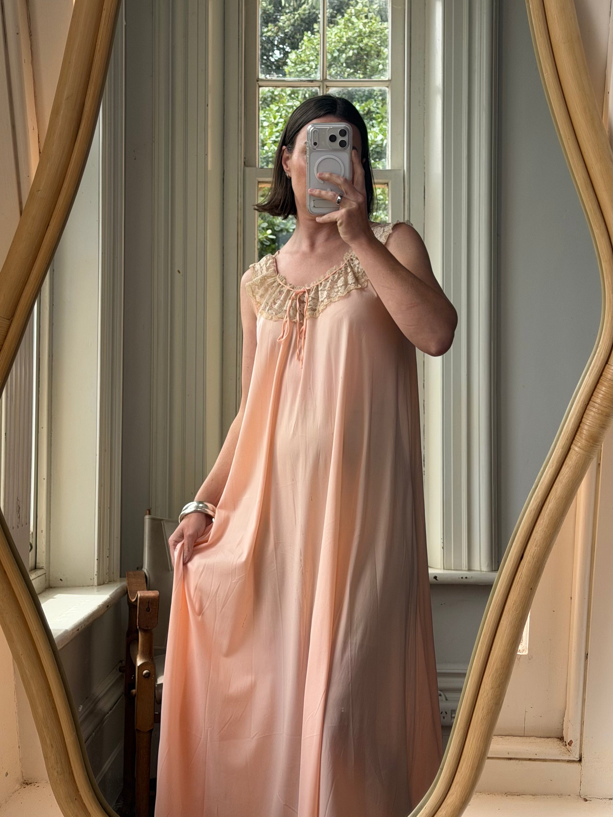 Vintage 70s Peach Satin Lace Trim Negligee Slip Dress