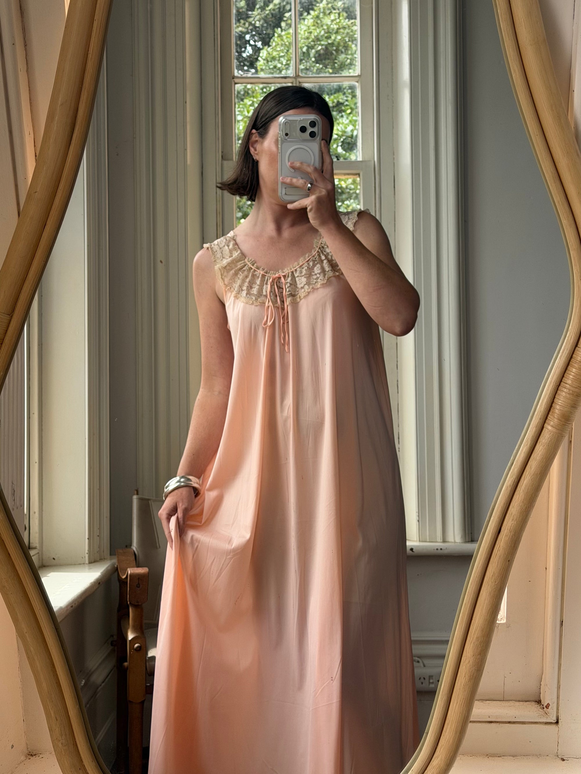 Vintage 70s Peach Satin Lace Trim Negligee Slip Dress