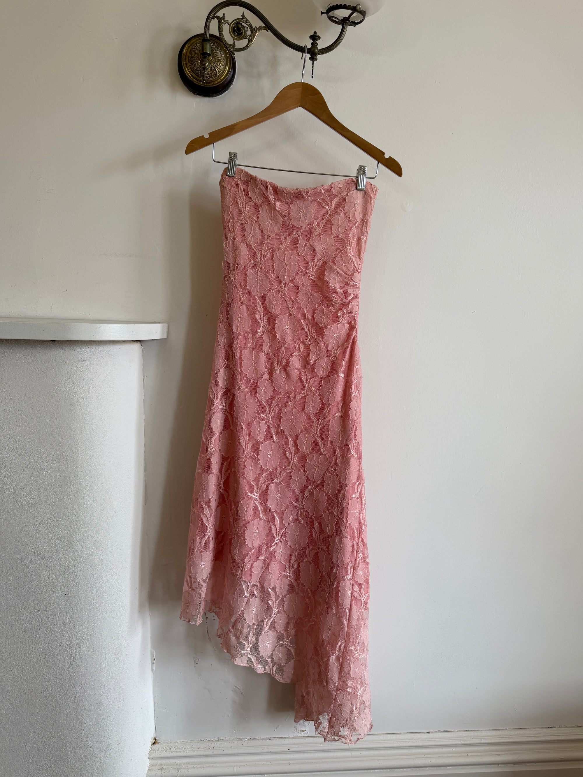 Vintage Y2K Blush Floral Lace Strapless Mini Dress