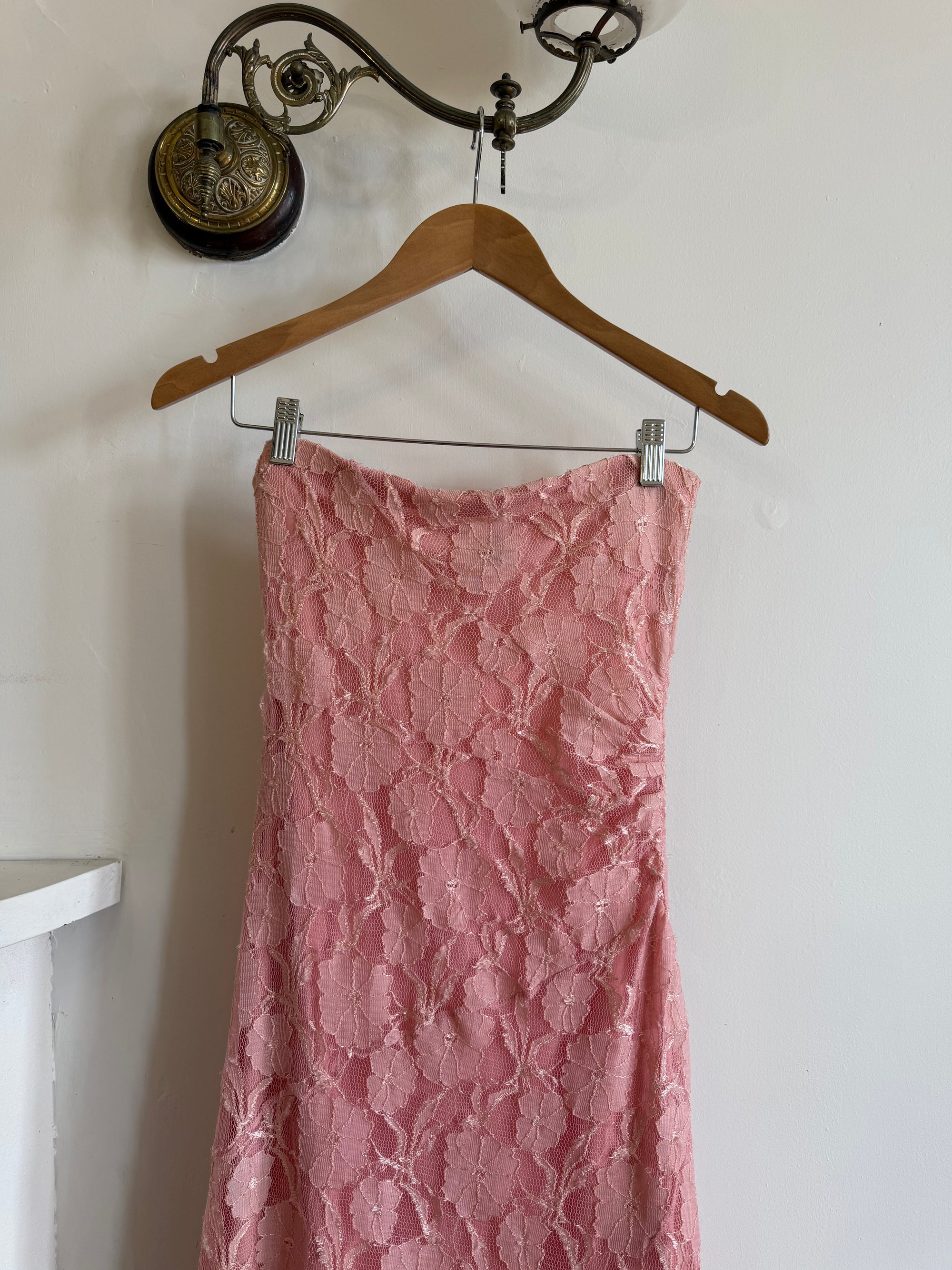 Vintage Y2K Blush Floral Lace Strapless Mini Dress