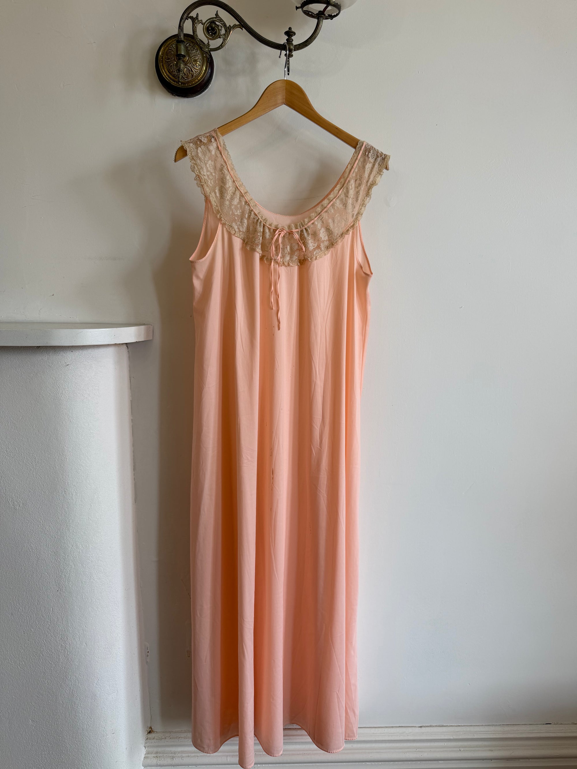 Vintage 70s Peach Satin Lace Trim Negligee Slip Dress