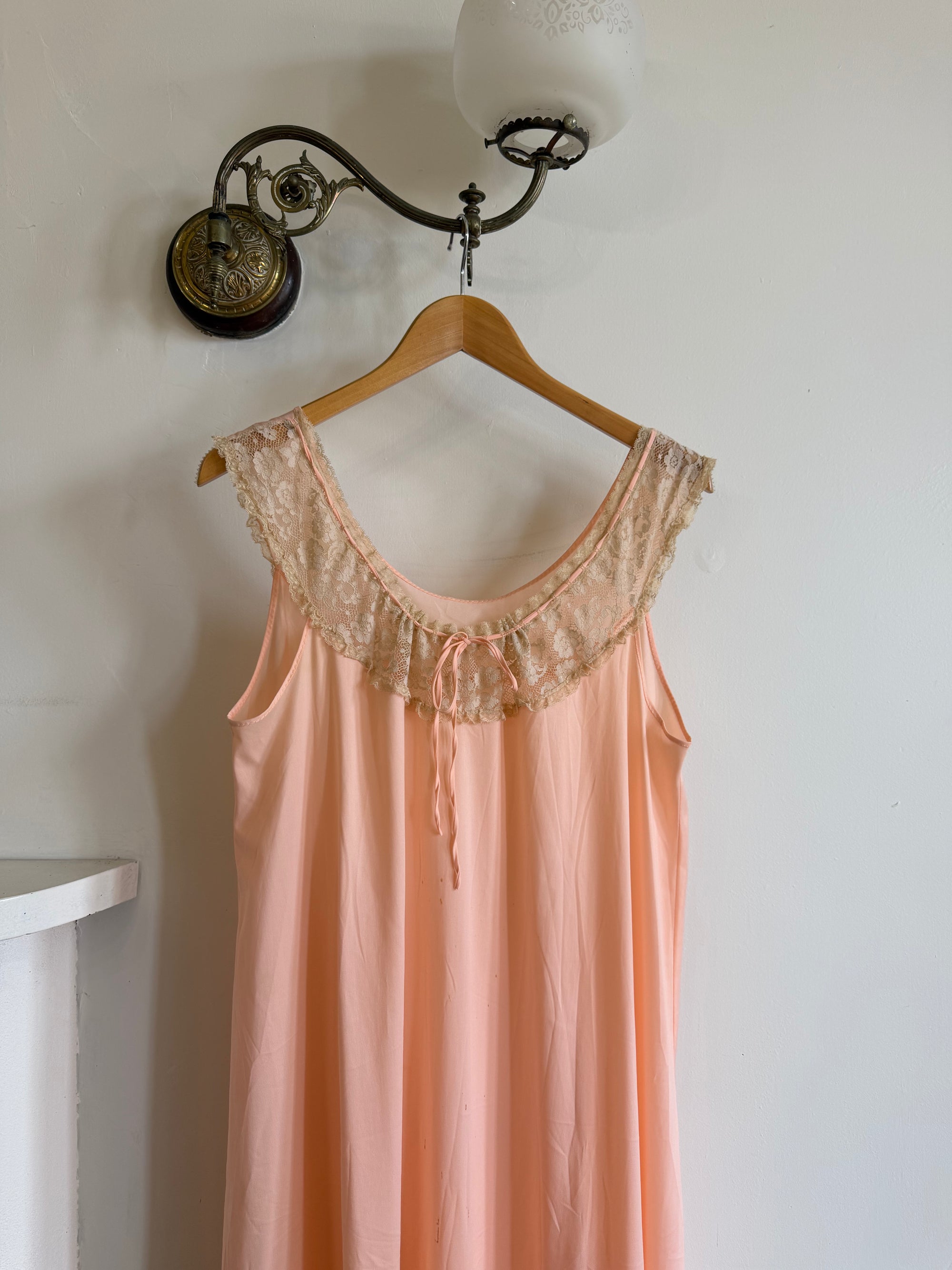 Vintage 70s Peach Satin Lace Trim Negligee Slip Dress