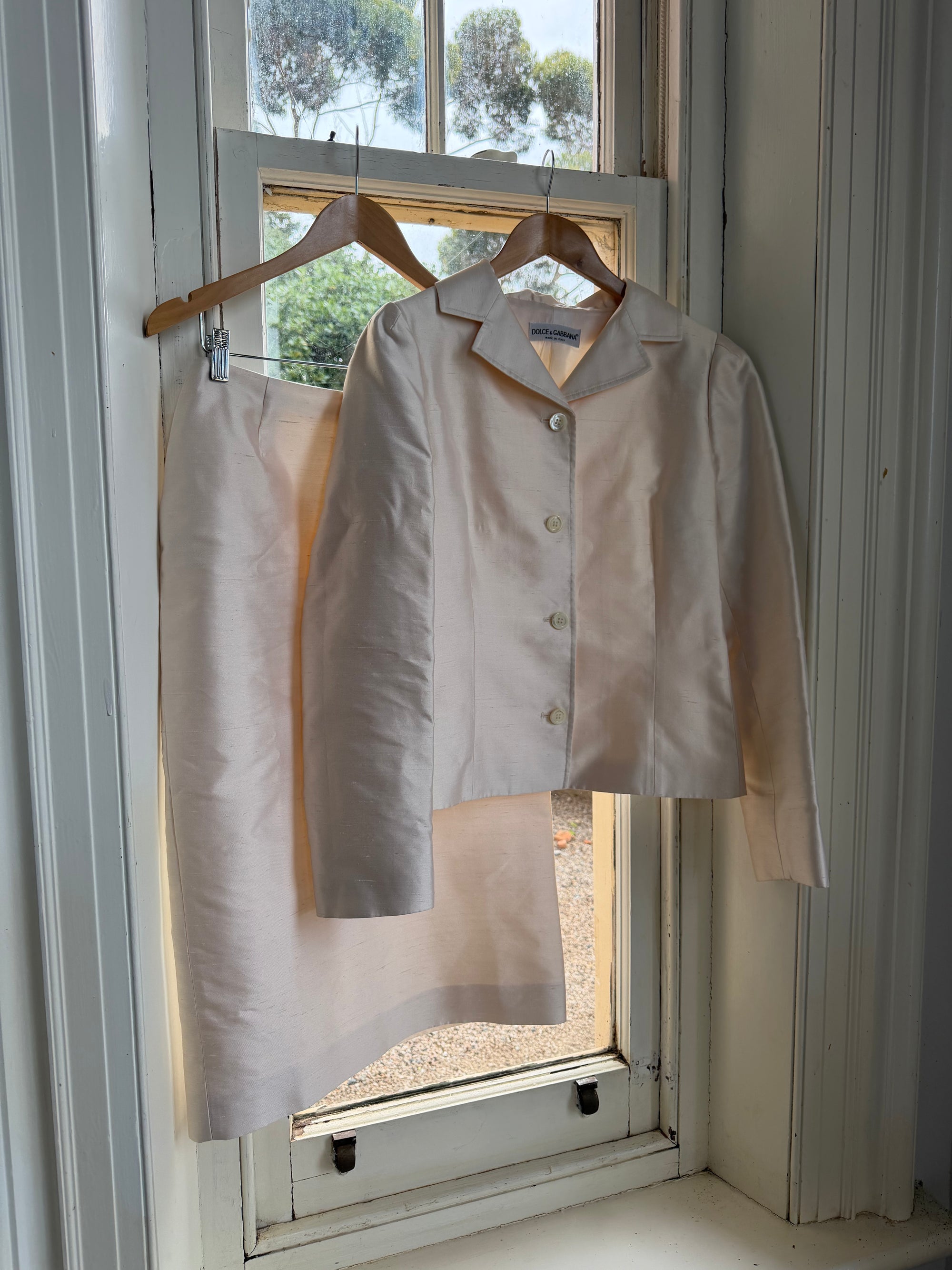 Vintage 90s Dolce &amp; Gabbana Ivory Silk Shantung Two-Piece Bridal Suit