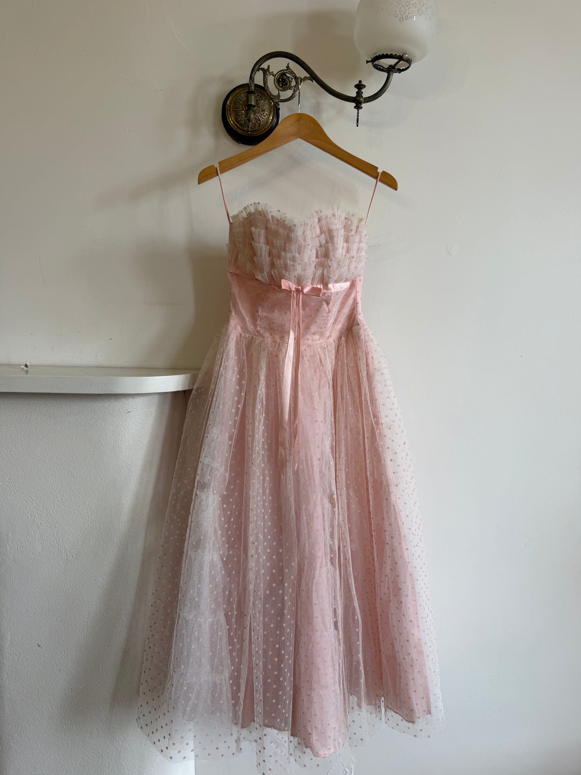 Vintage 50s Pale Pink Swiss Dot Tulle Strapless Dress