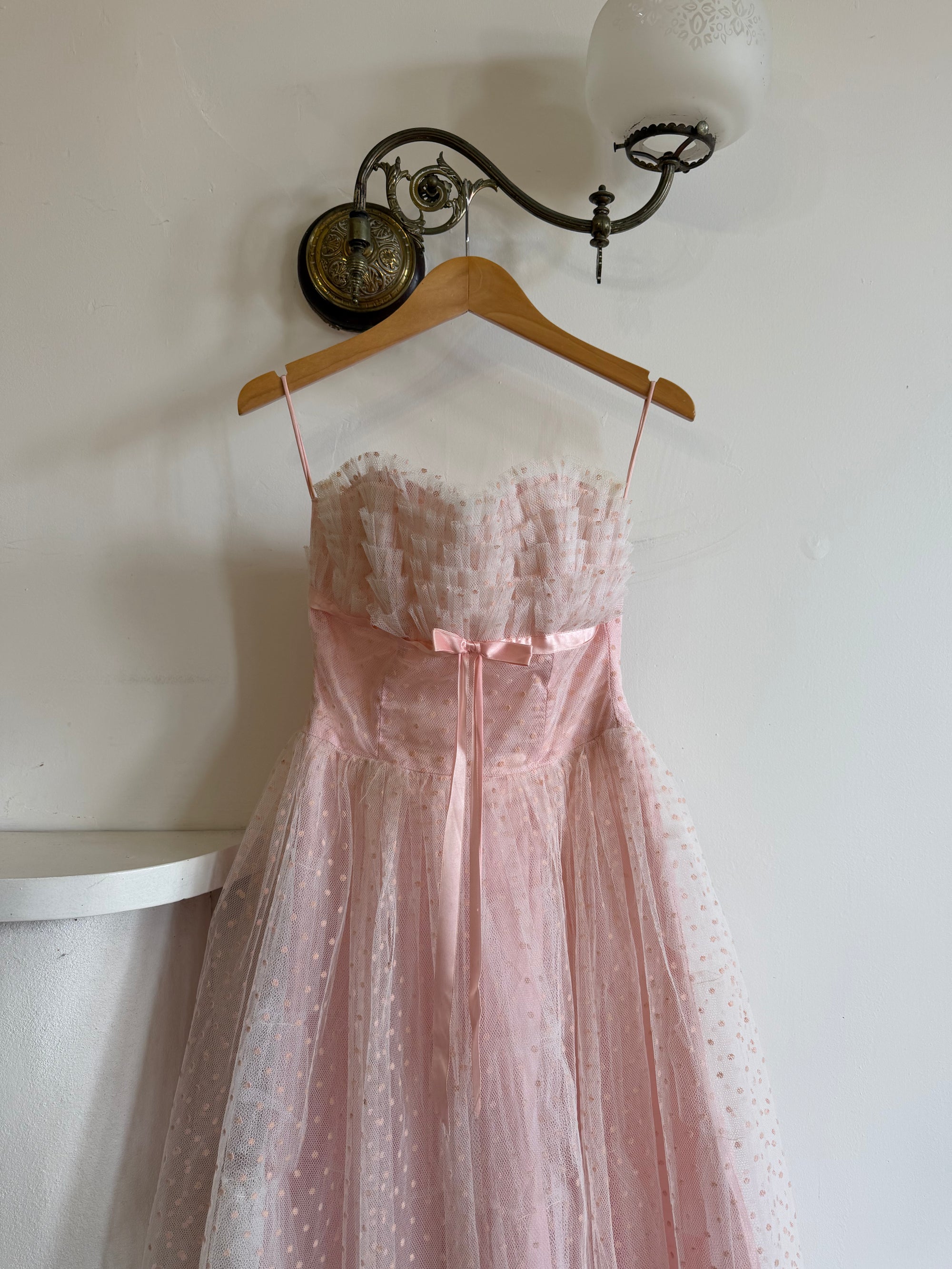 Vintage 50s Pale Pink Swiss Dot Tulle Strapless Dress
