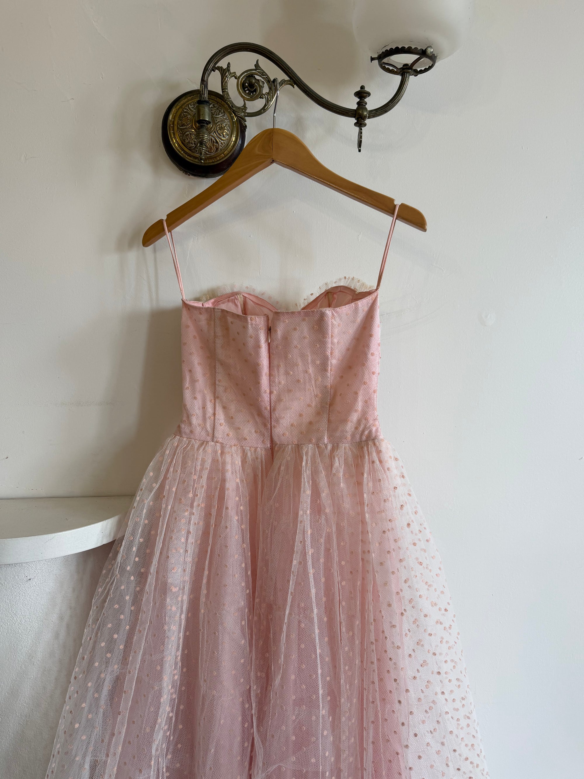 Vintage 50s Pale Pink Swiss Dot Tulle Strapless Dress