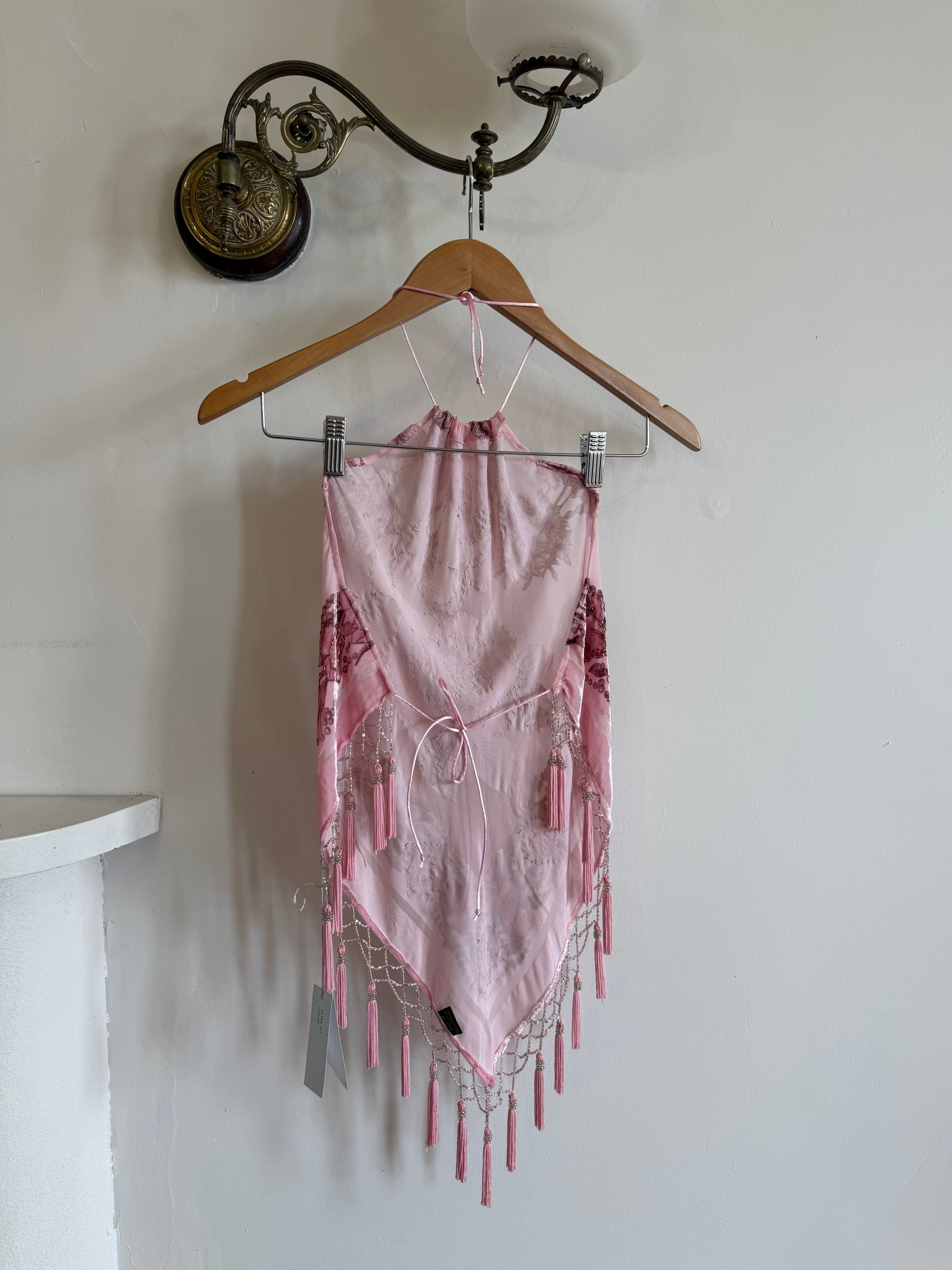 Vintage Y2K Rose Silk Beaded Fringe Halter Top