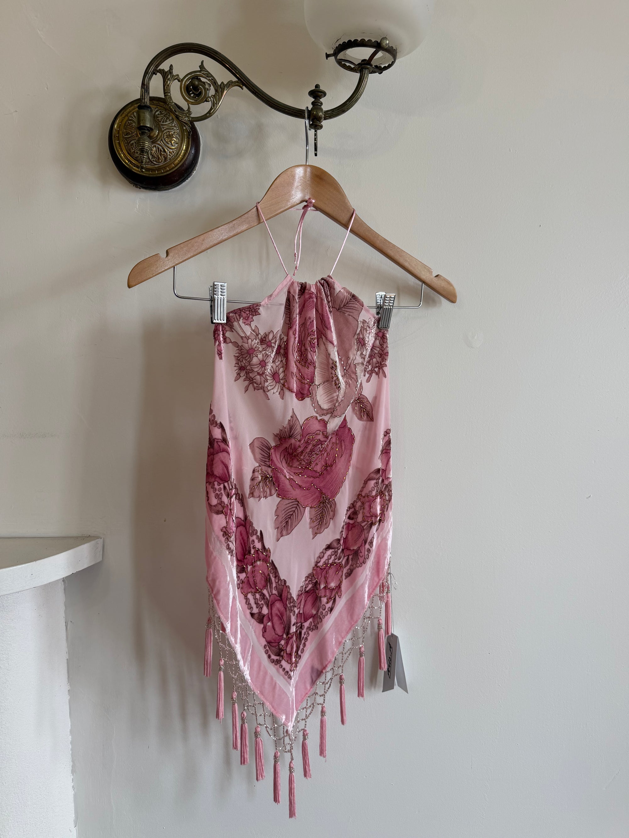 Vintage Y2K Rose Silk Beaded Fringe Halter Top