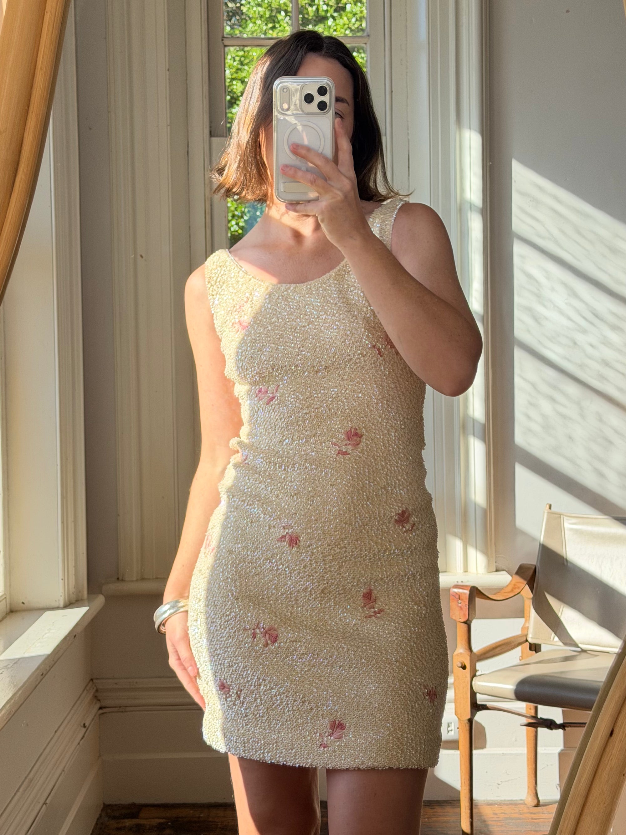Vintage 60s Sequin Wool Knit Dress Pink Petite Florals