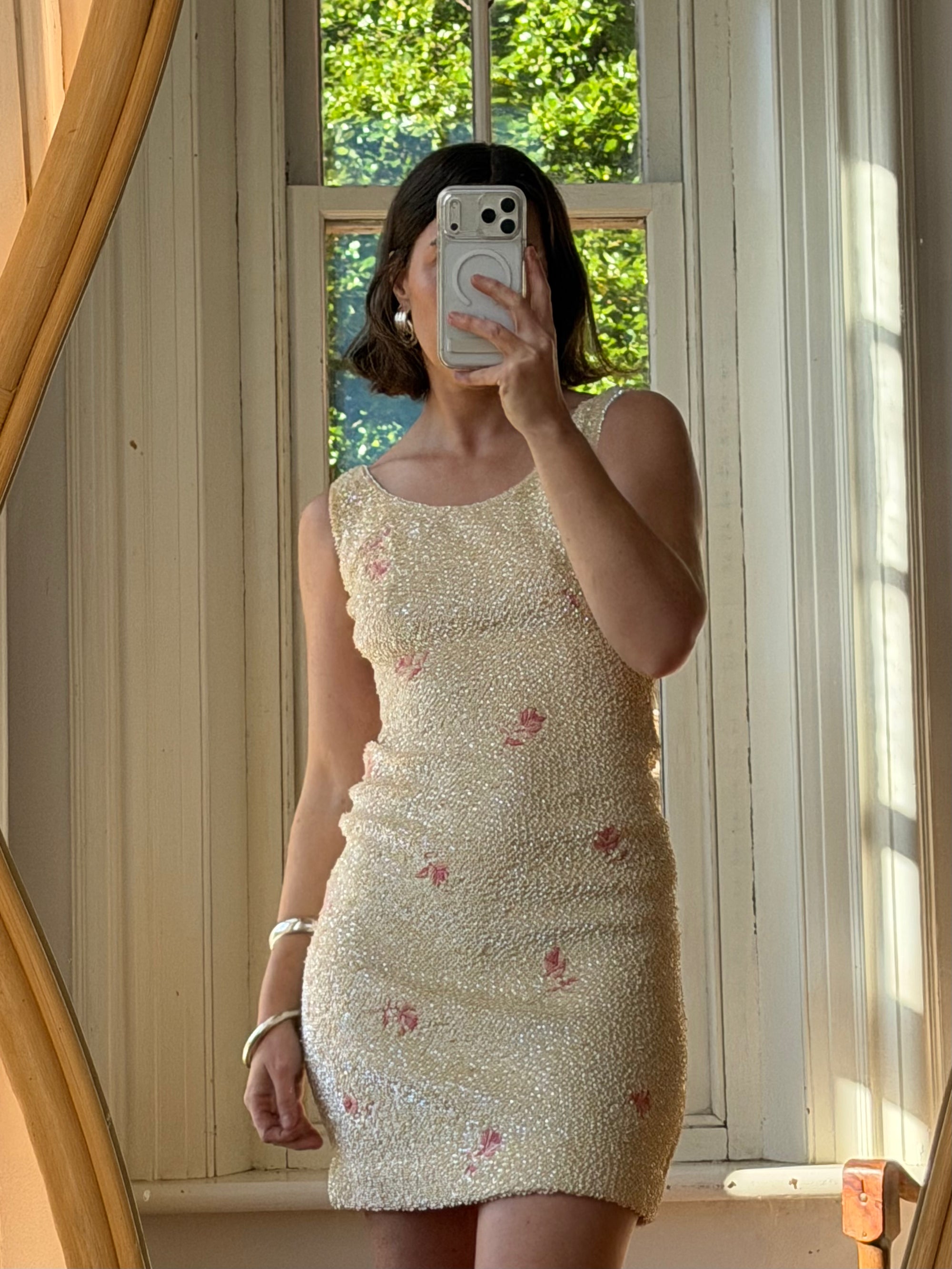 Vintage 60s Sequin Wool Knit Dress Pink Petite Florals