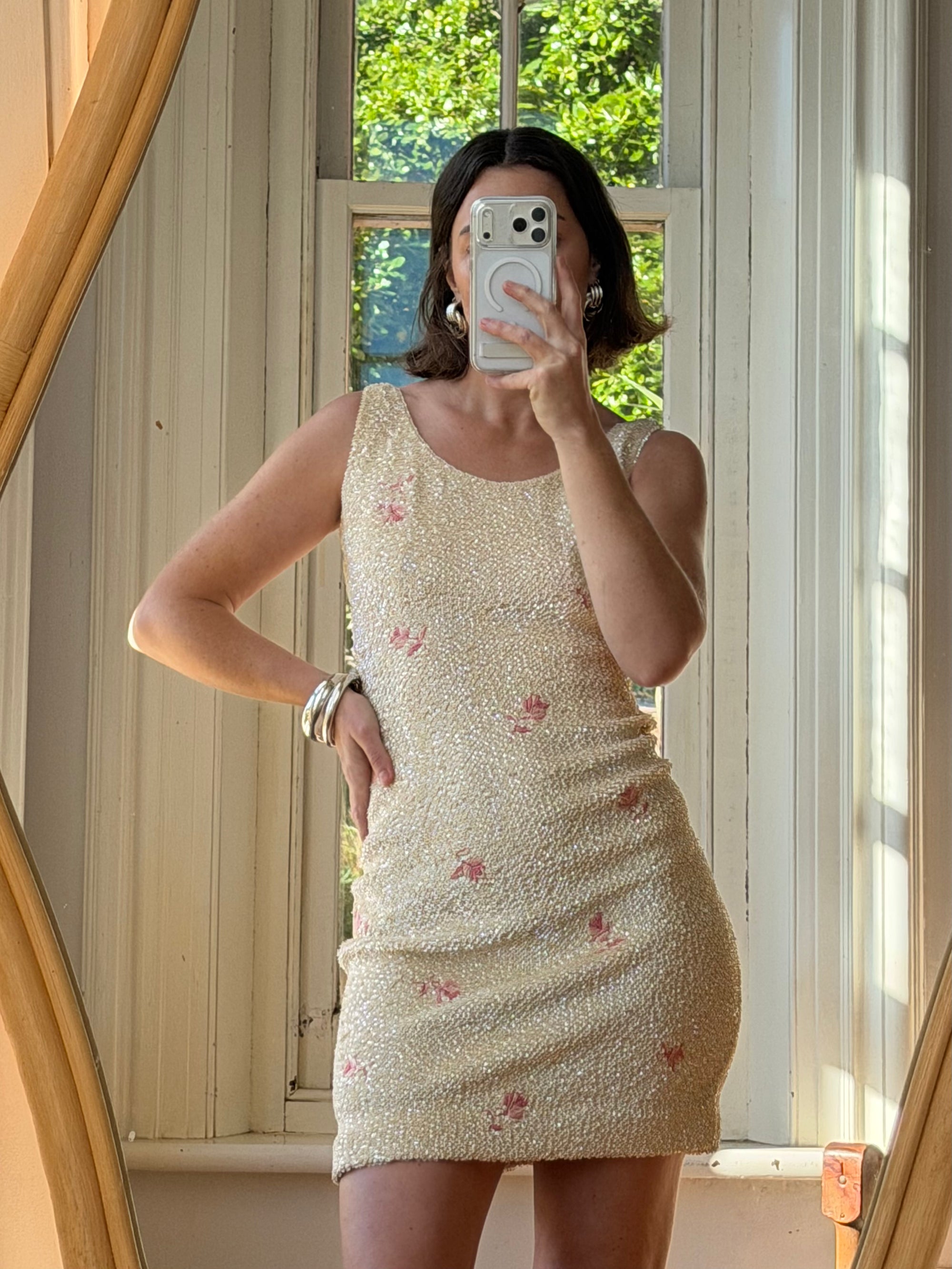 Vintage 60s Sequin Wool Knit Dress Pink Petite Florals