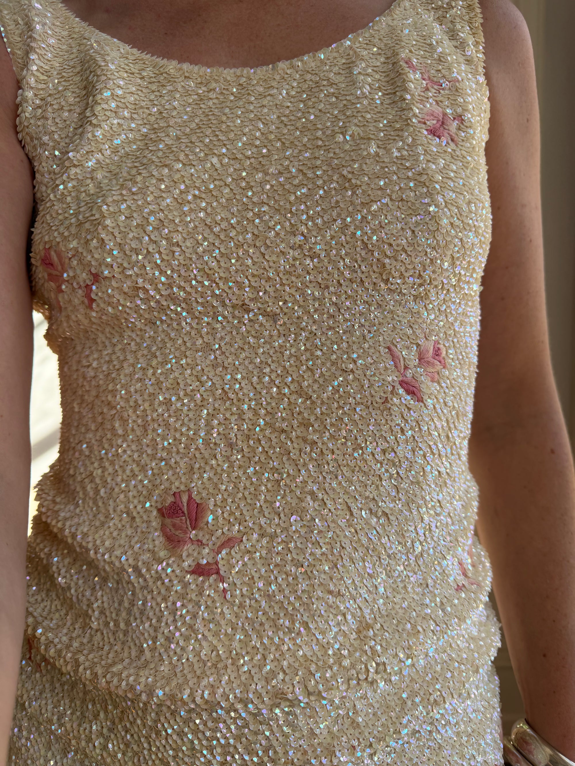 Vintage 60s Sequin Wool Knit Dress Pink Petite Florals