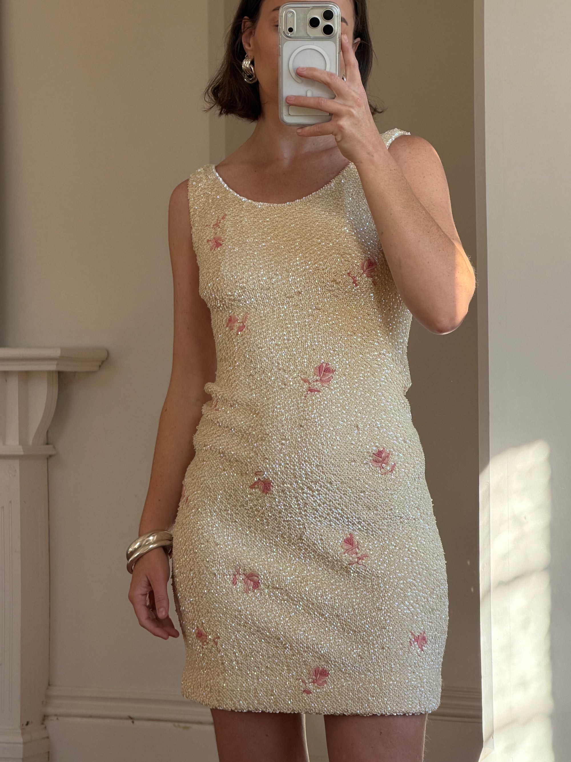 Vintage 60s Sequin Wool Knit Dress Pink Petite Florals