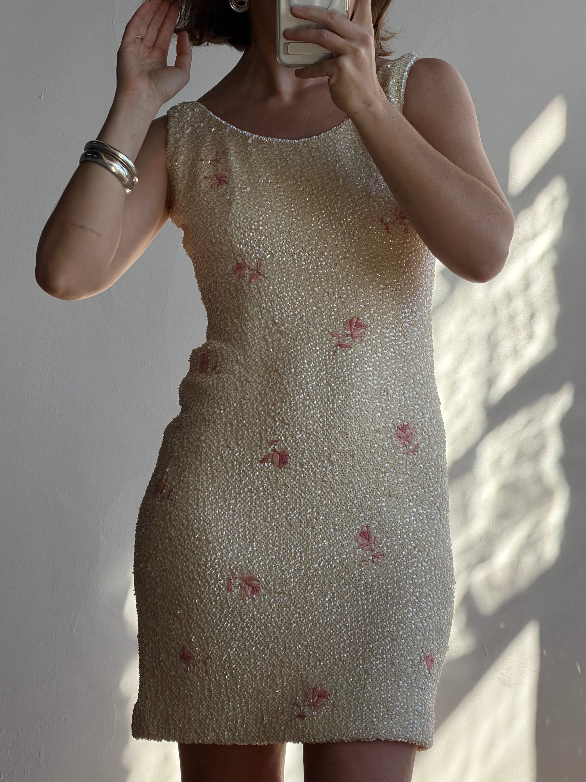 60s sequin dress Vintage 60s Sequin Wool Knit Dress Pink Petite Florals – Call Me The Breeze