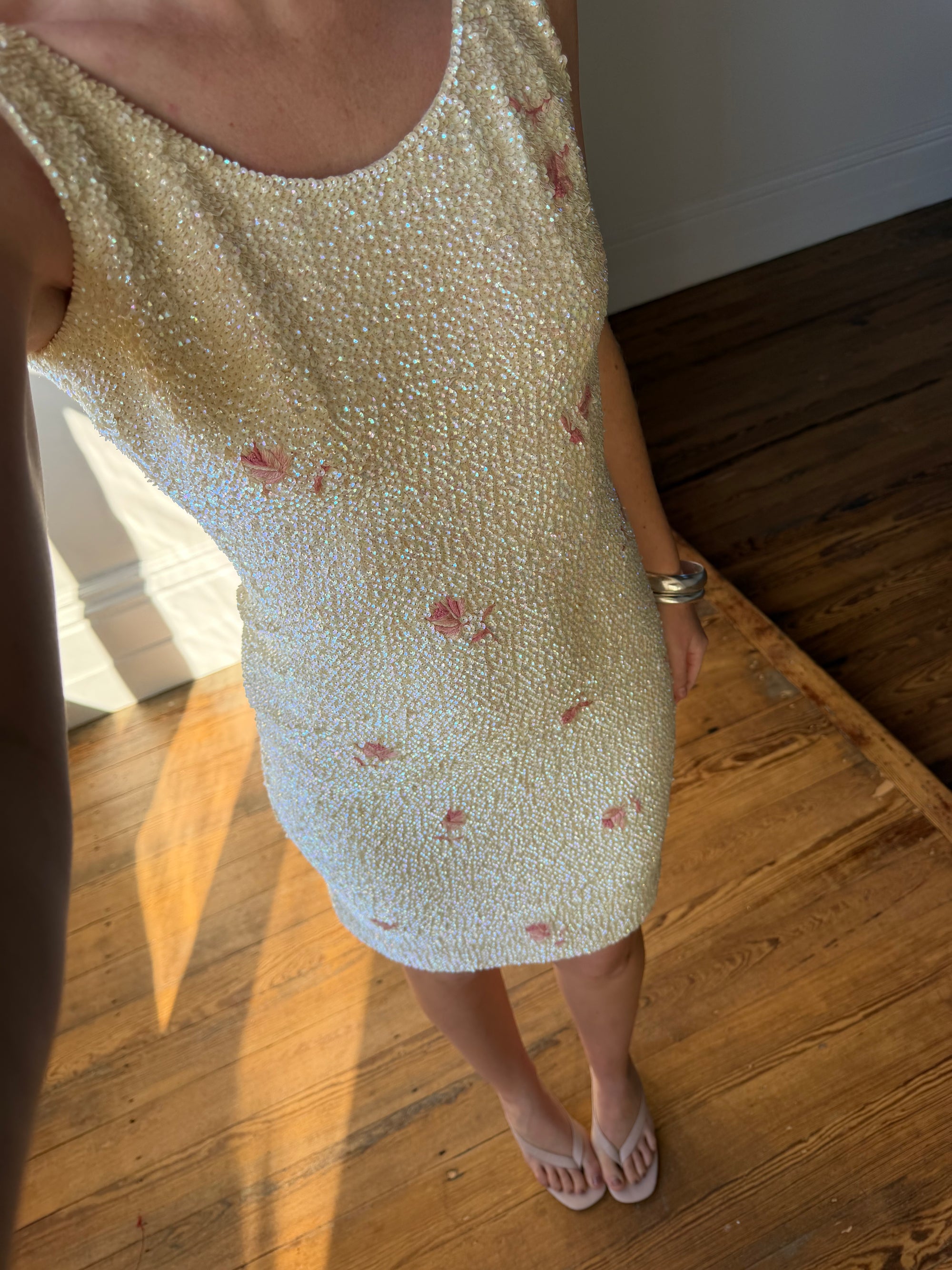 Vintage 60s Sequin Wool Knit Dress Pink Petite Florals