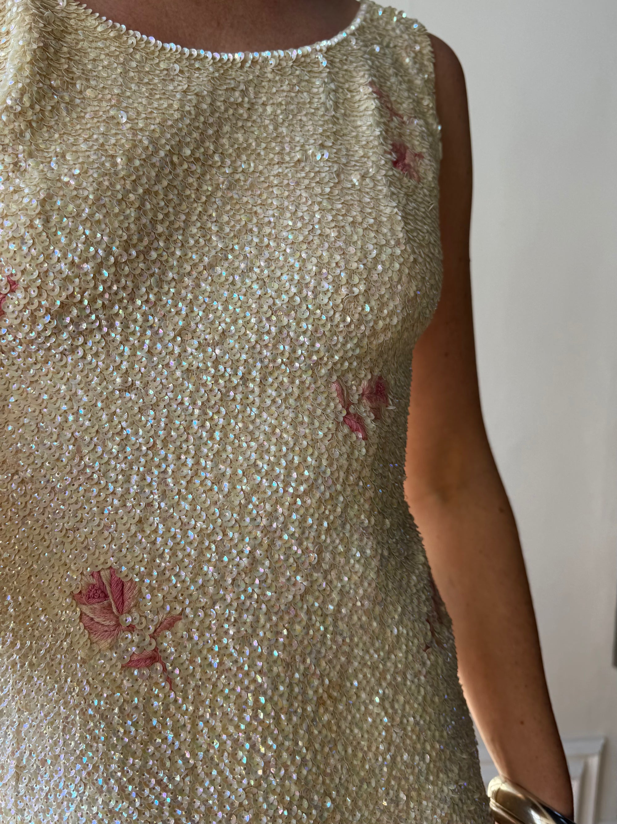 Vintage 60s Sequin Wool Knit Dress Pink Petite Florals