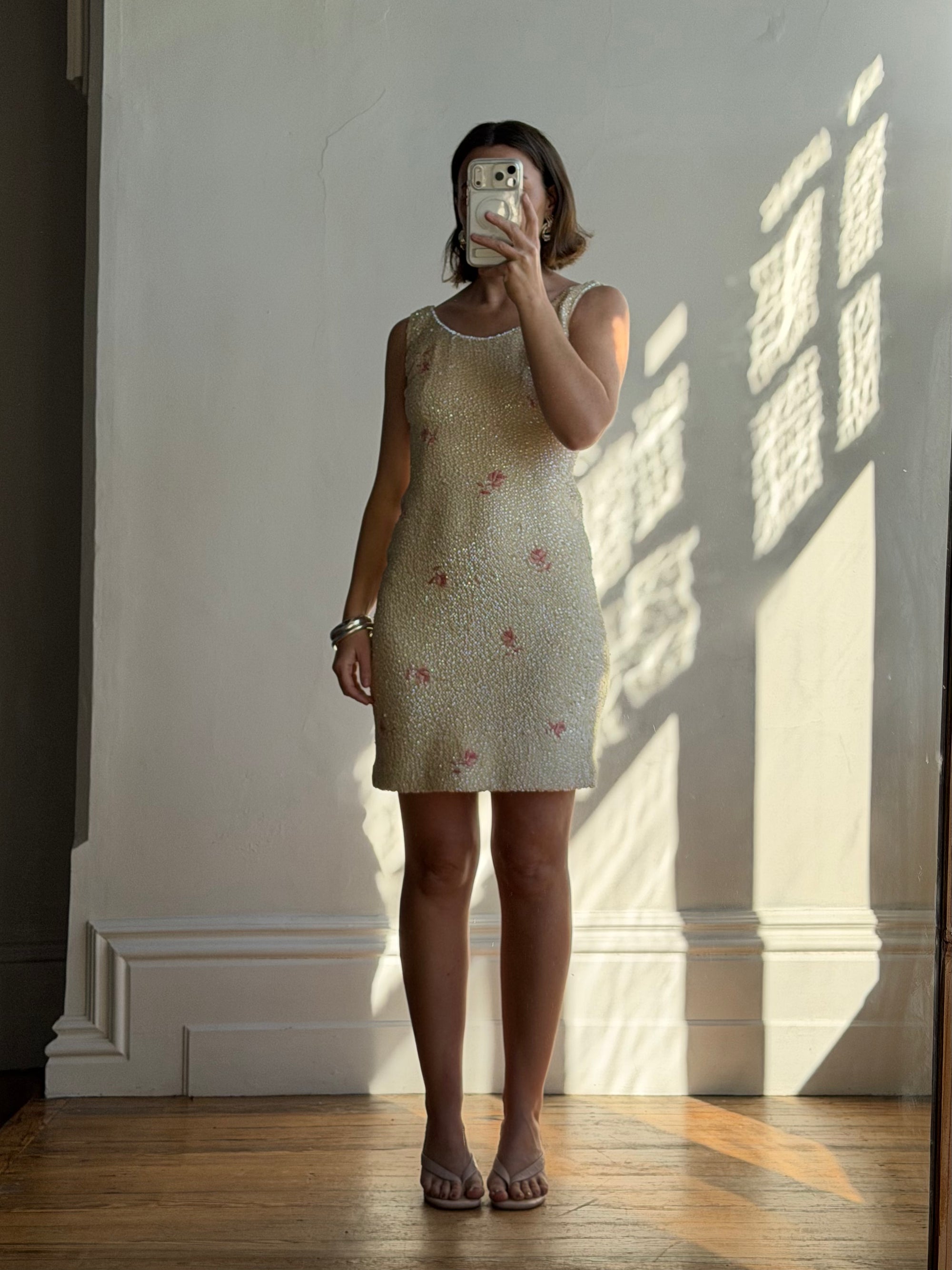 Vintage 60s Sequin Wool Knit Dress Pink Petite Florals