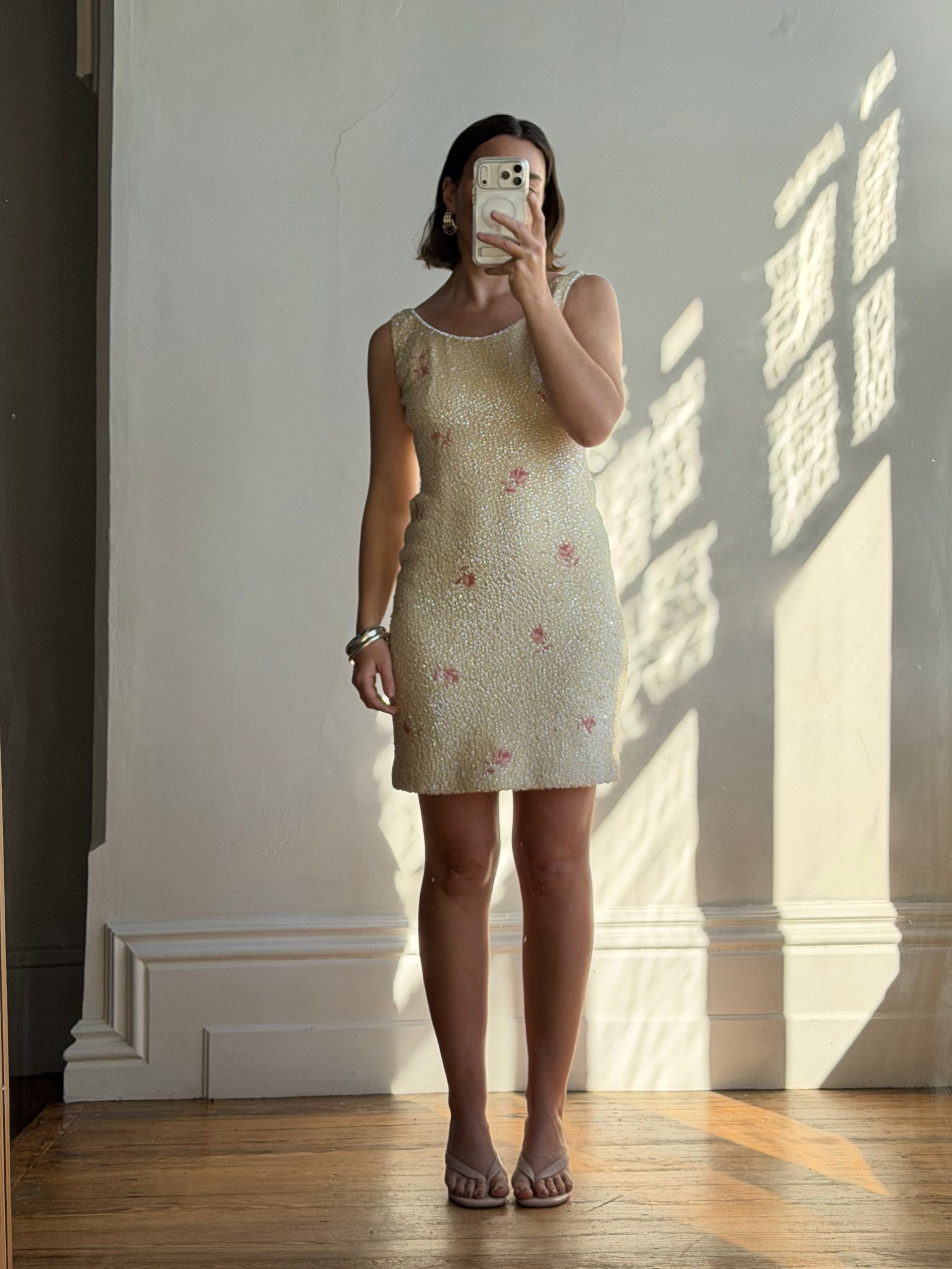 Vintage 60s Sequin Wool Knit Dress Pink Petite Florals