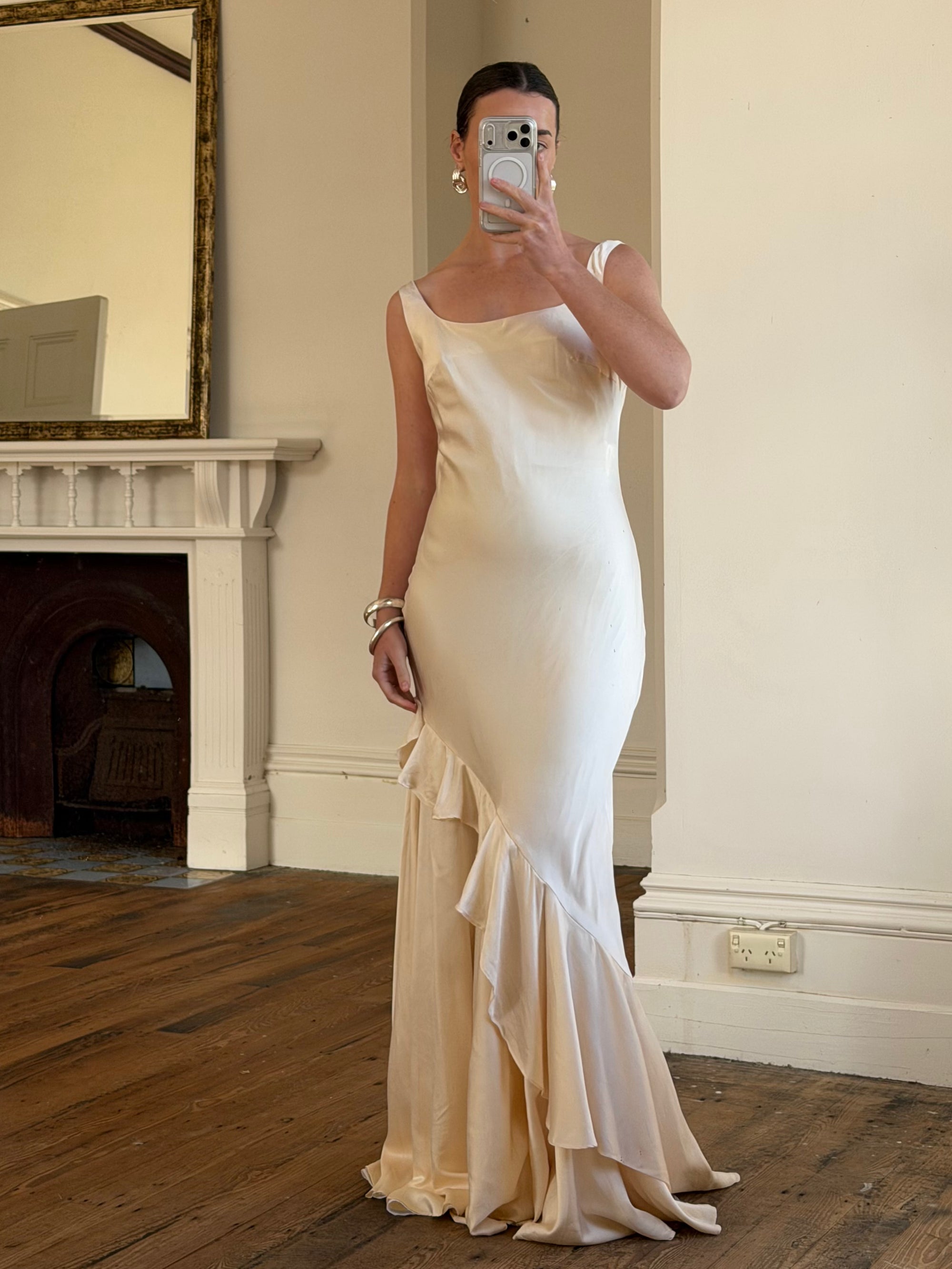 Vintage 90s Italian Pure Silk Slip Ruffle Wedding Gown