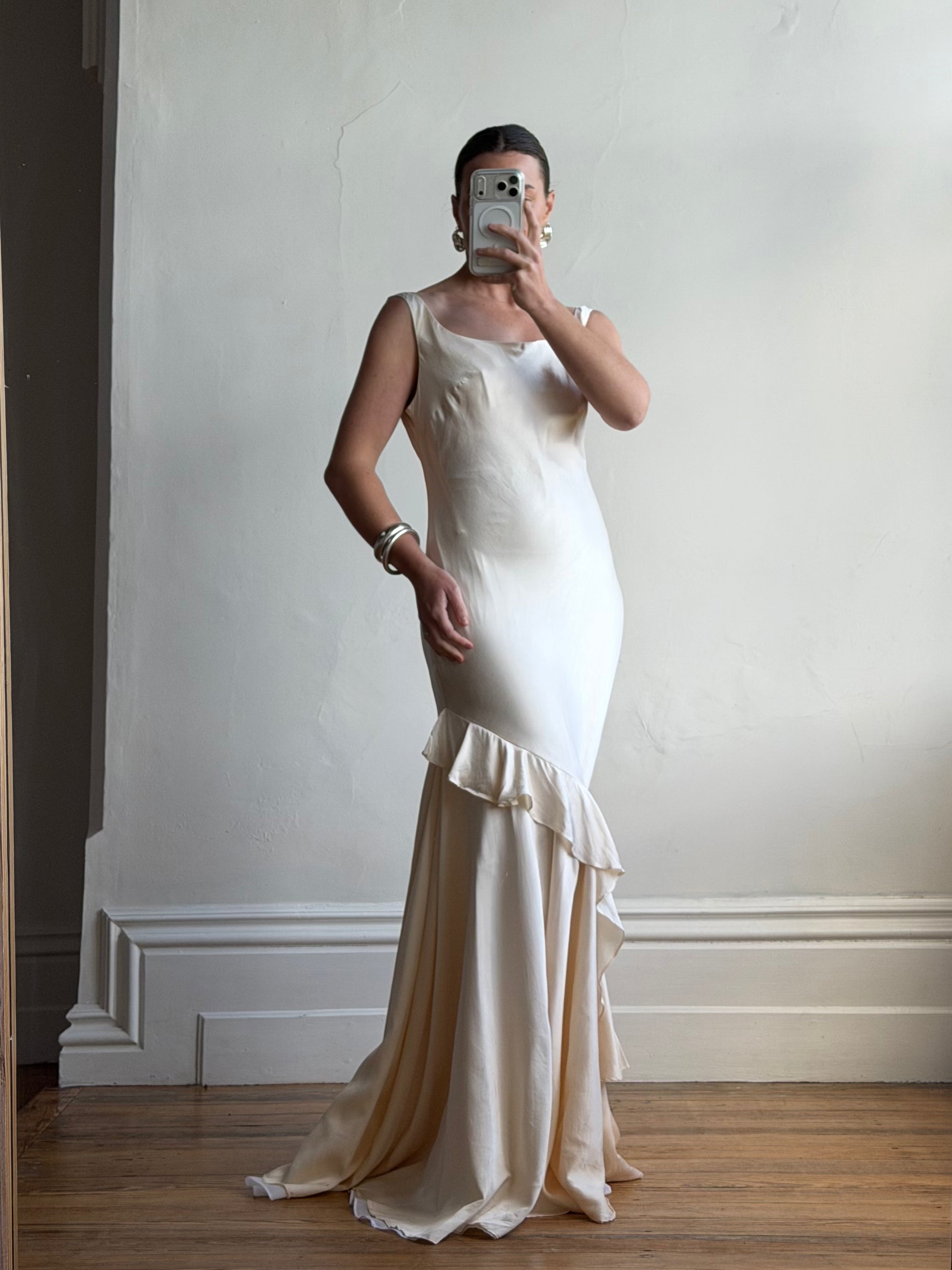 Vintage 90s Italian Pure Silk Slip Ruffle Wedding Gown