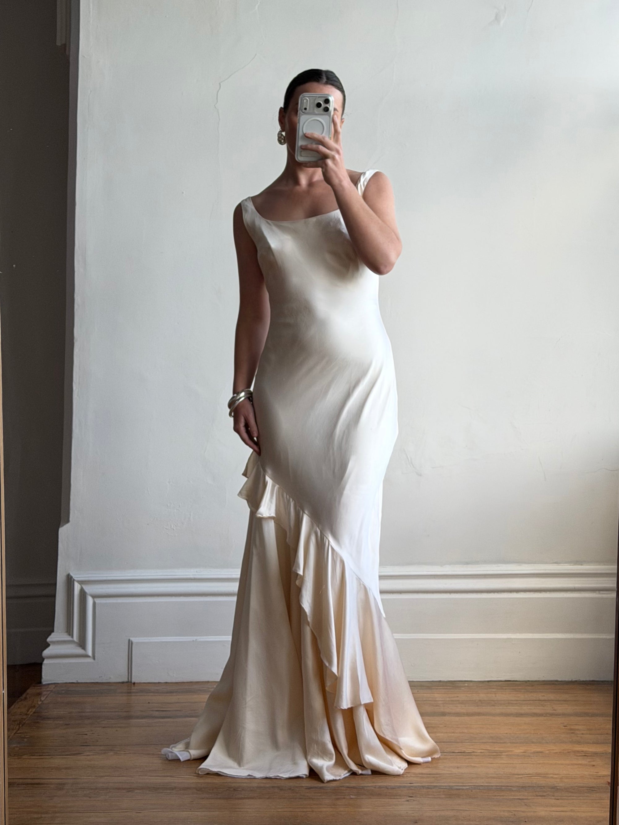 Vintage 90s Italian Pure Silk Slip Ruffle Wedding Gown