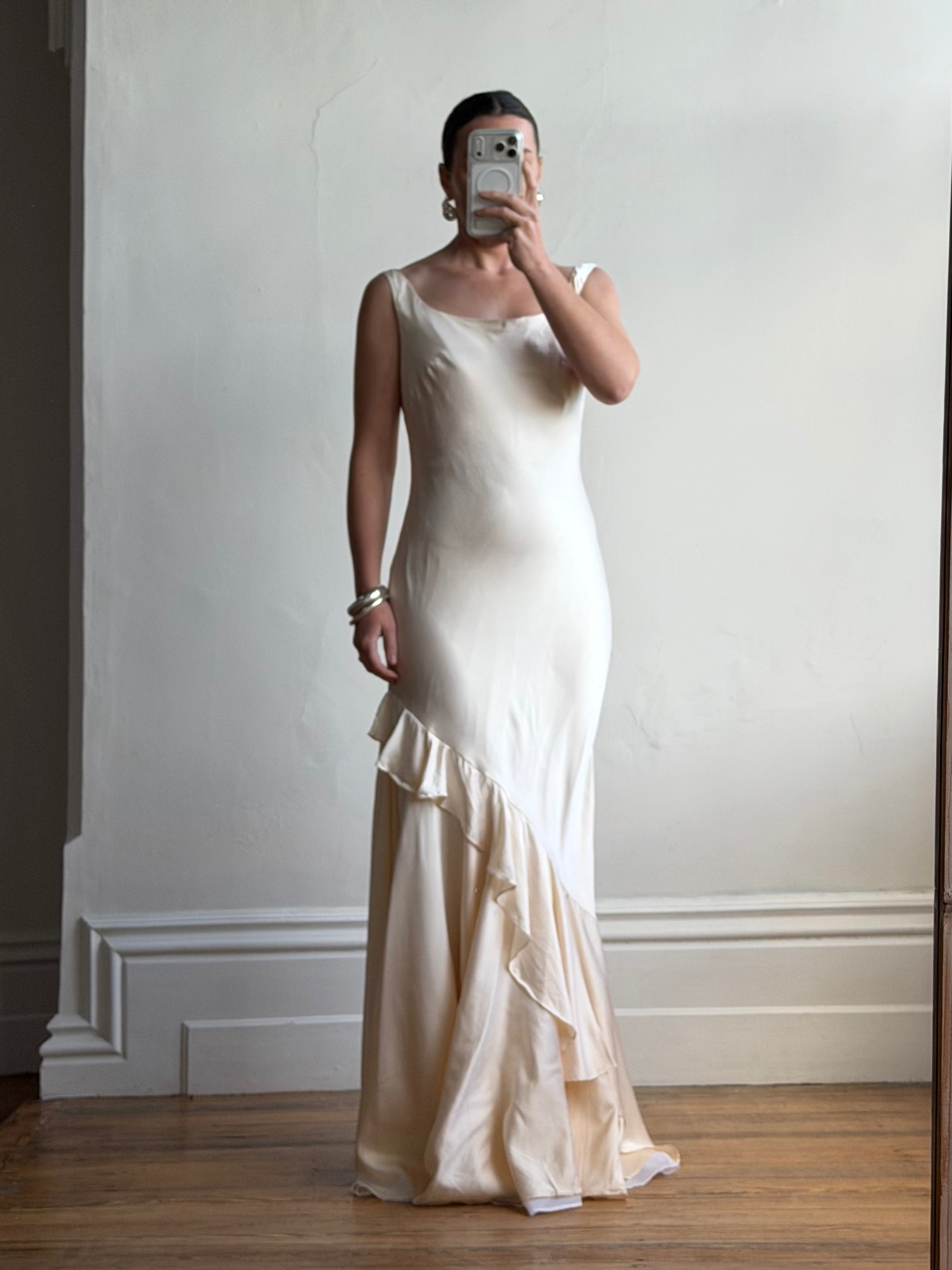 Vintage 90s Italian Pure Silk Slip Ruffle Wedding Gown