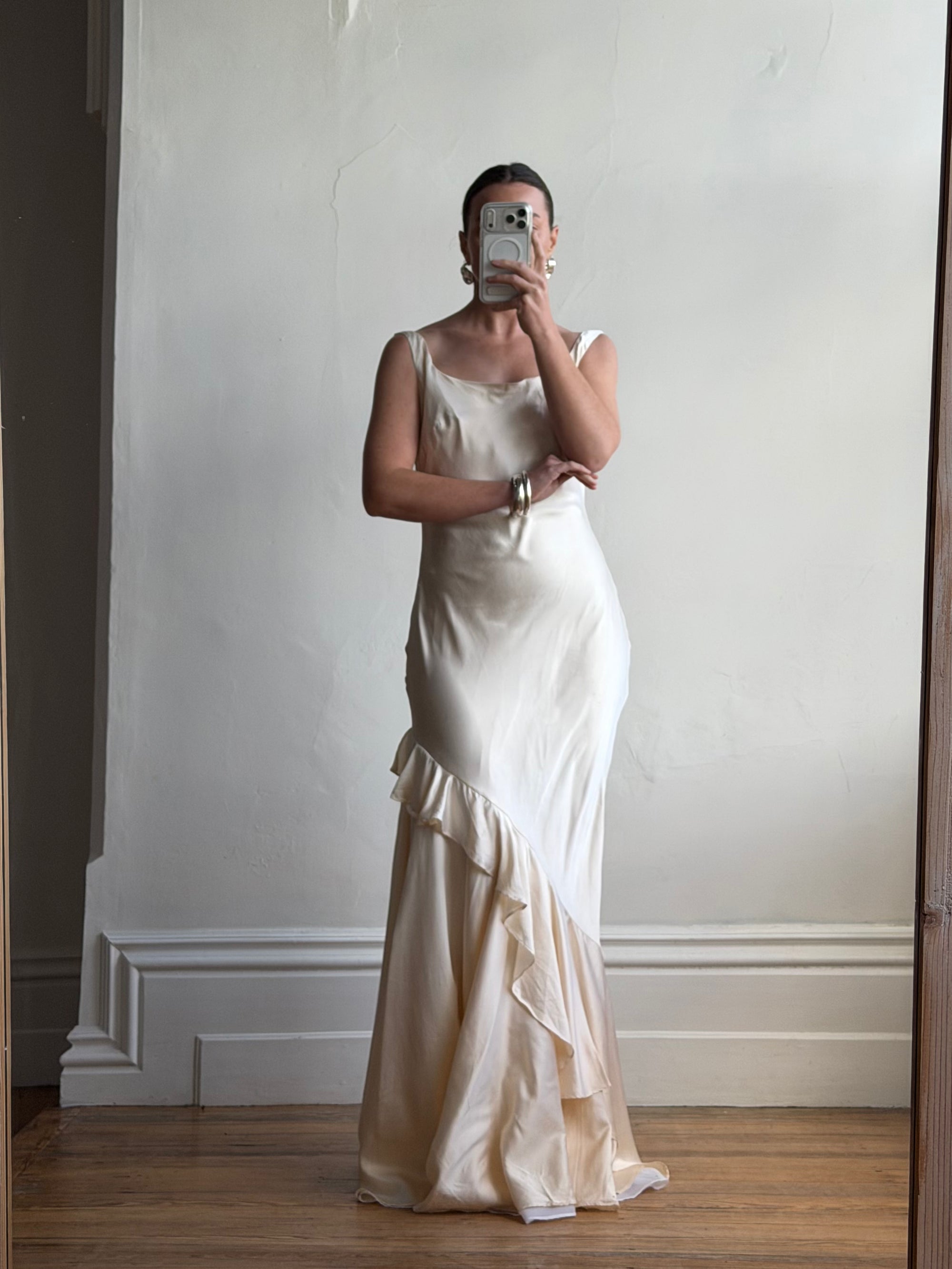 Vintage 90s Italian Pure Silk Slip Ruffle Wedding Gown