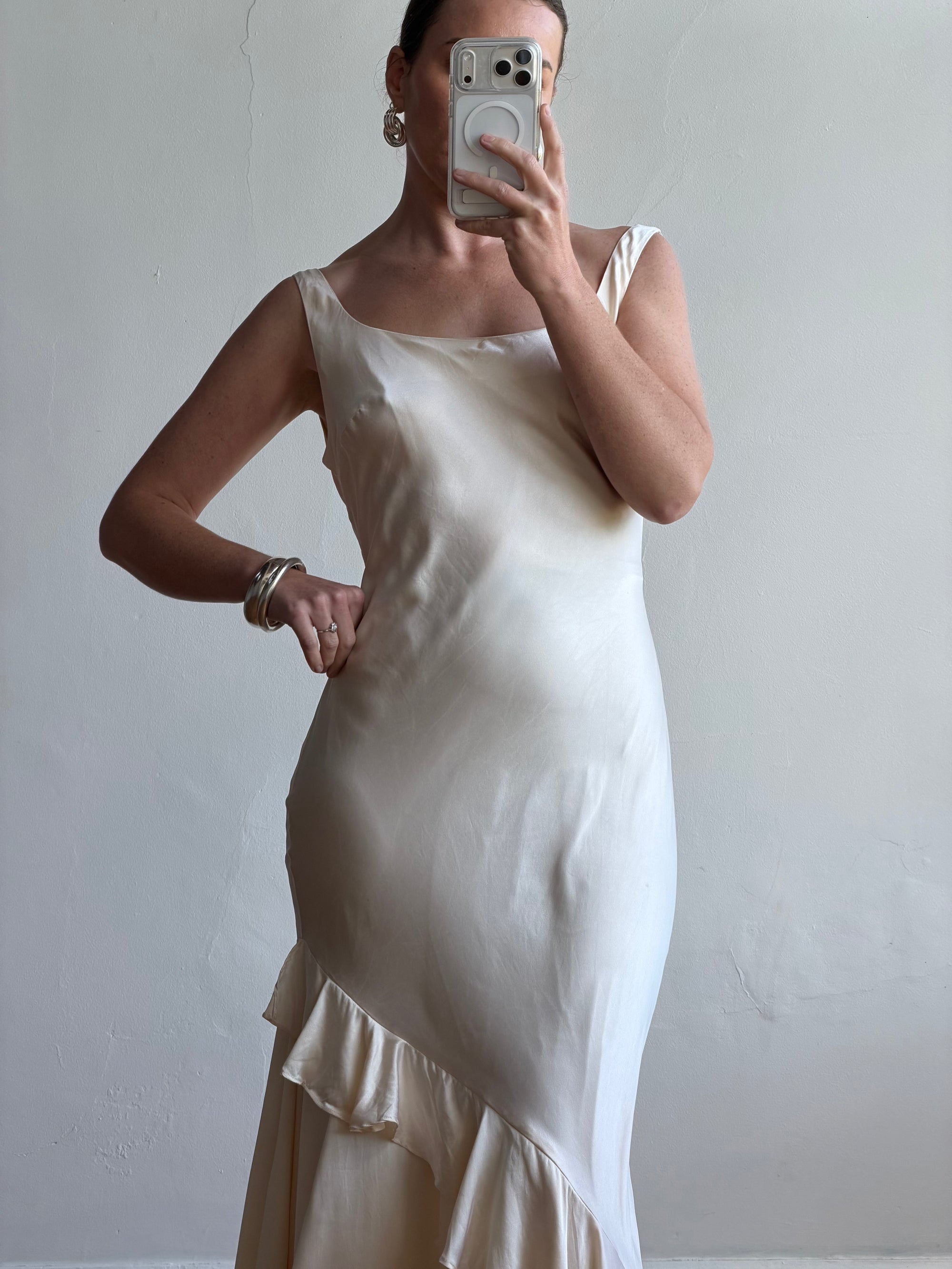 Vintage 90s Italian Pure Silk Slip Ruffle Wedding Gown