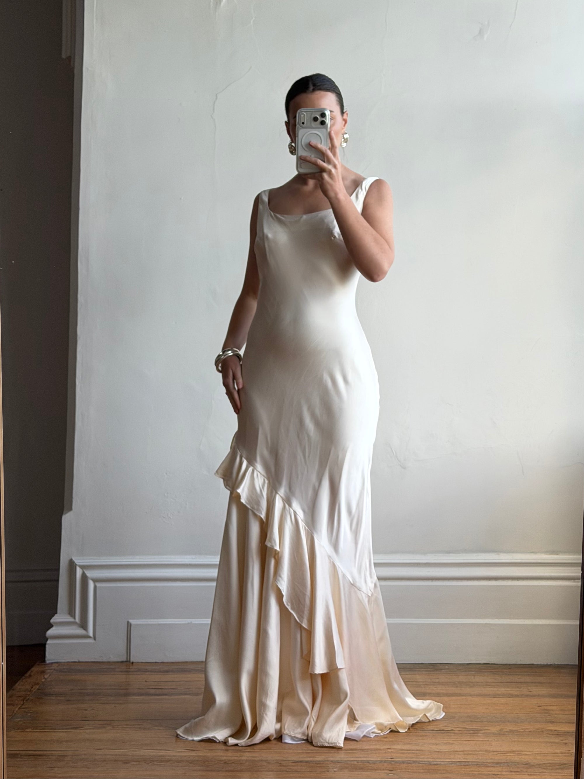 Vintage 90s Italian Pure Silk Slip Ruffle Wedding Gown