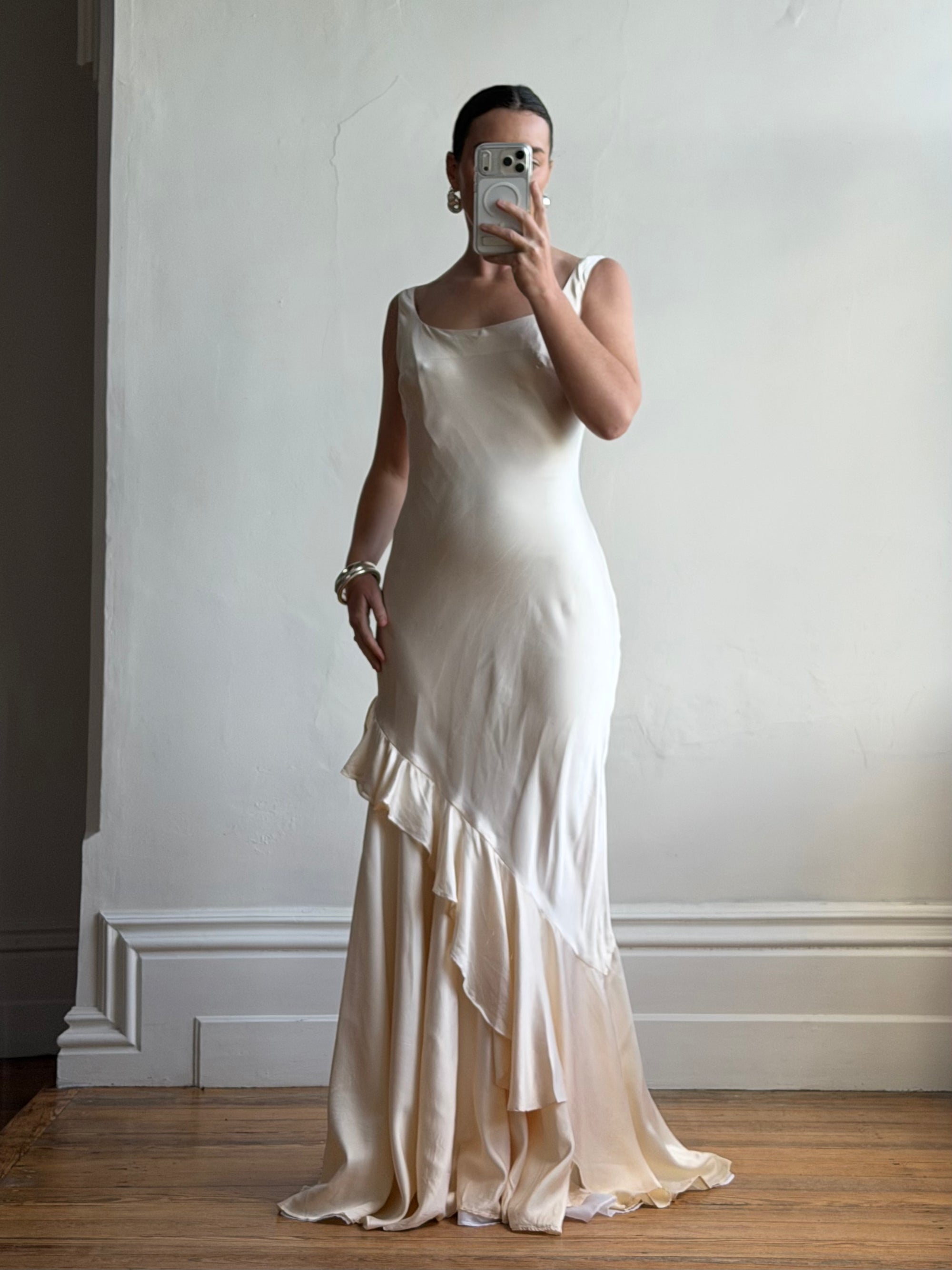 Vintage 90s Italian Pure Silk Slip Ruffle Wedding Gown