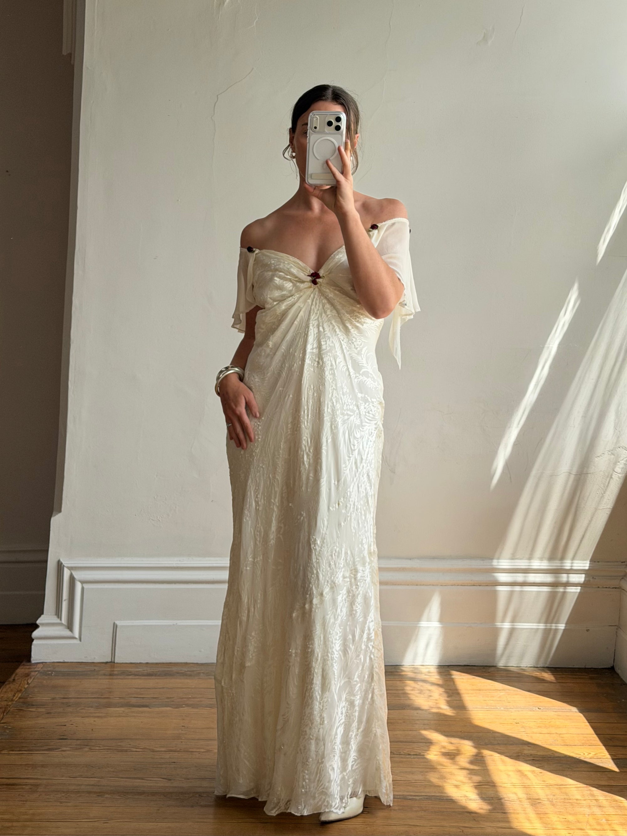 Vintage 90s Silk Jacquard Petite Rose Wedding Dress