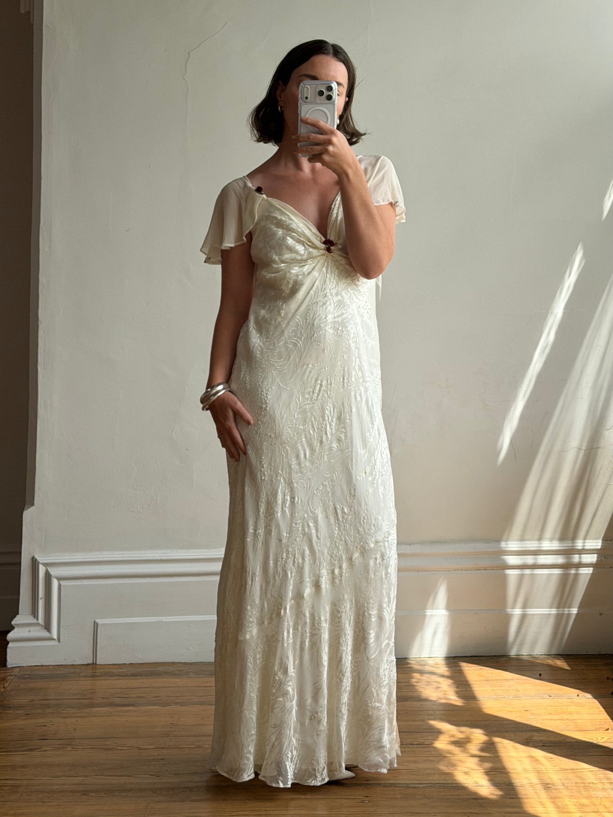 Vintage 90s Silk Jacquard Petite Rose Wedding Dress