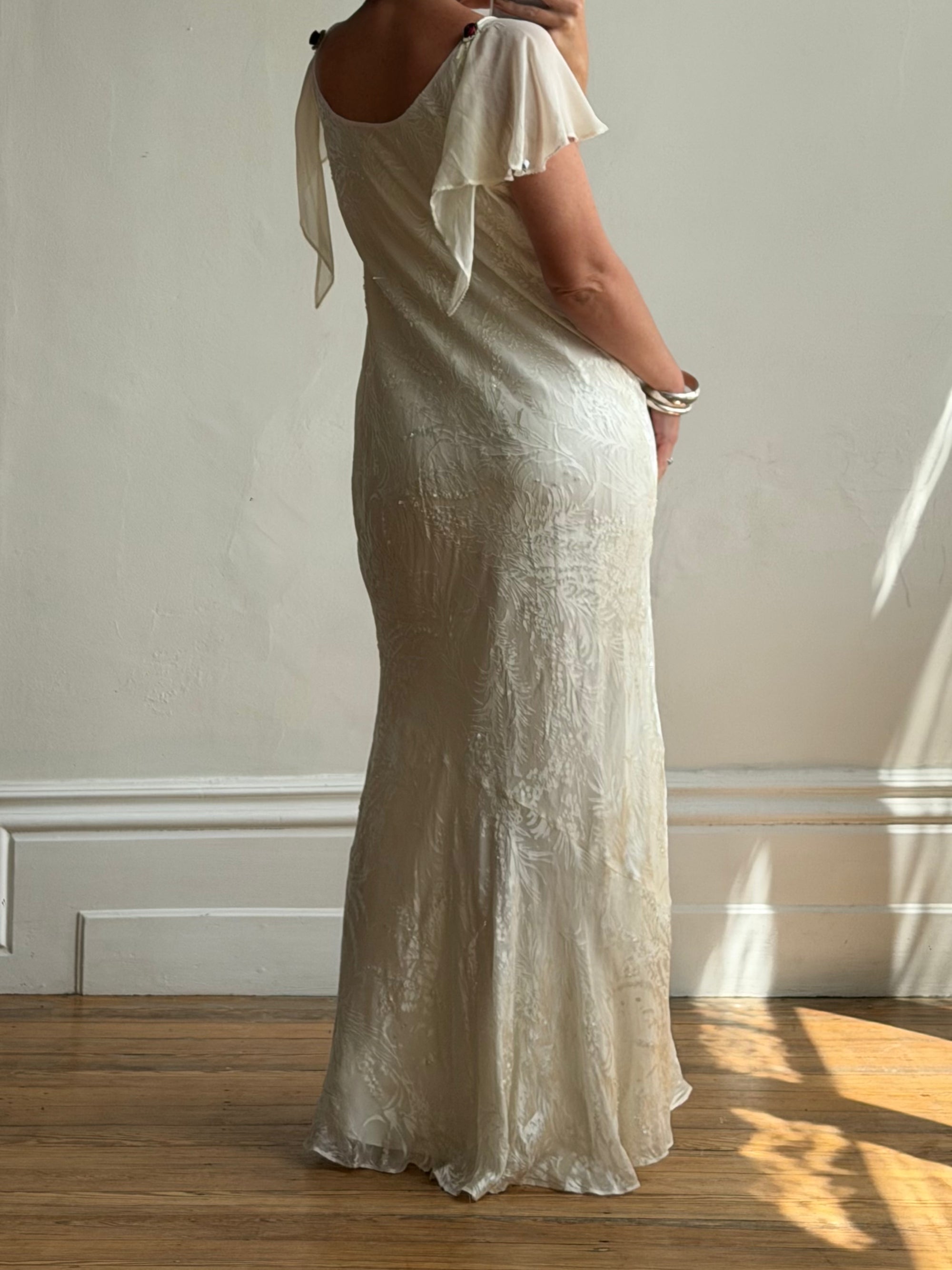 Vintage 90s Silk Jacquard Petite Rose Wedding Dress