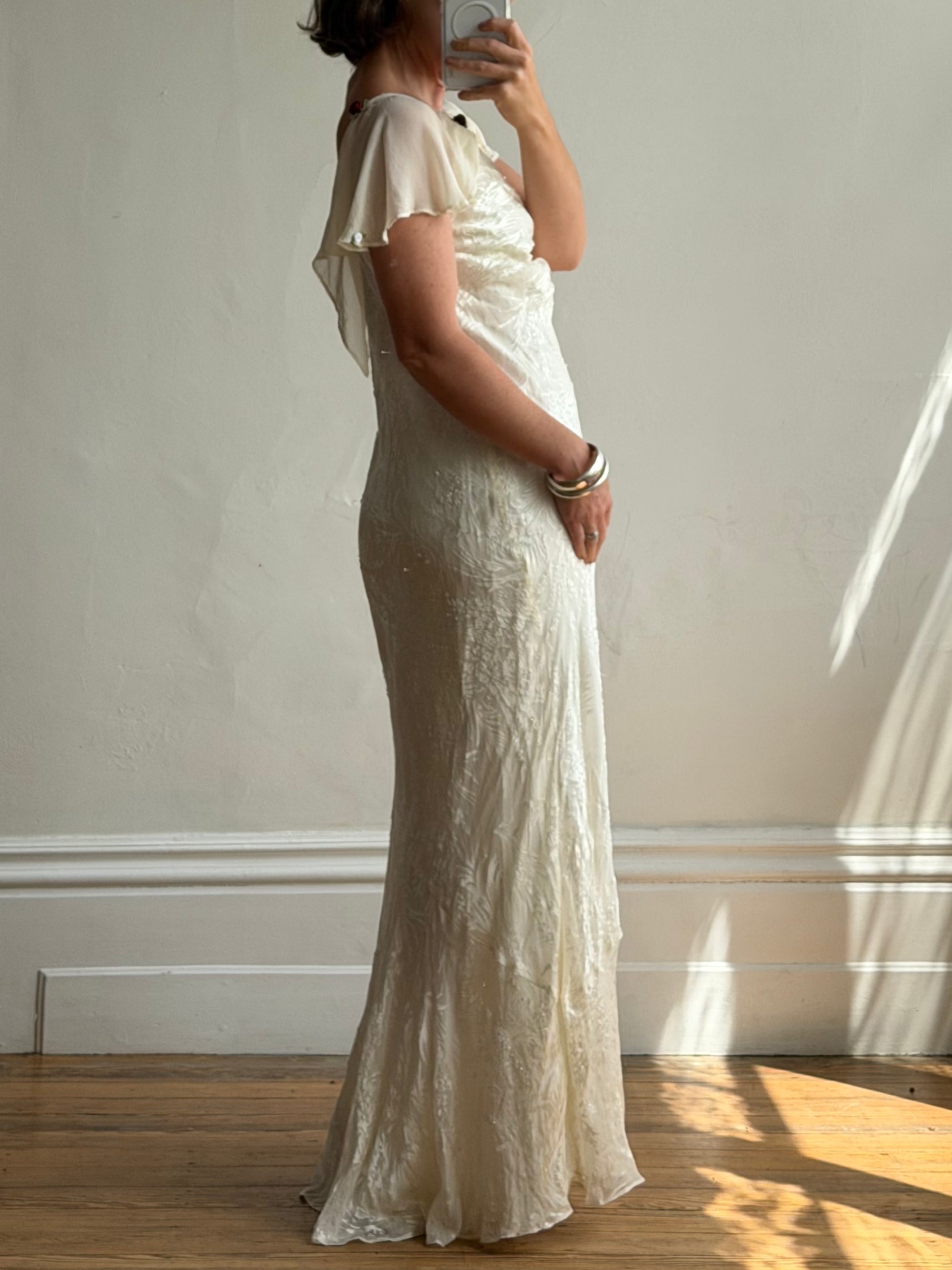 Vintage 90s Silk Jacquard Petite Rose Wedding Dress