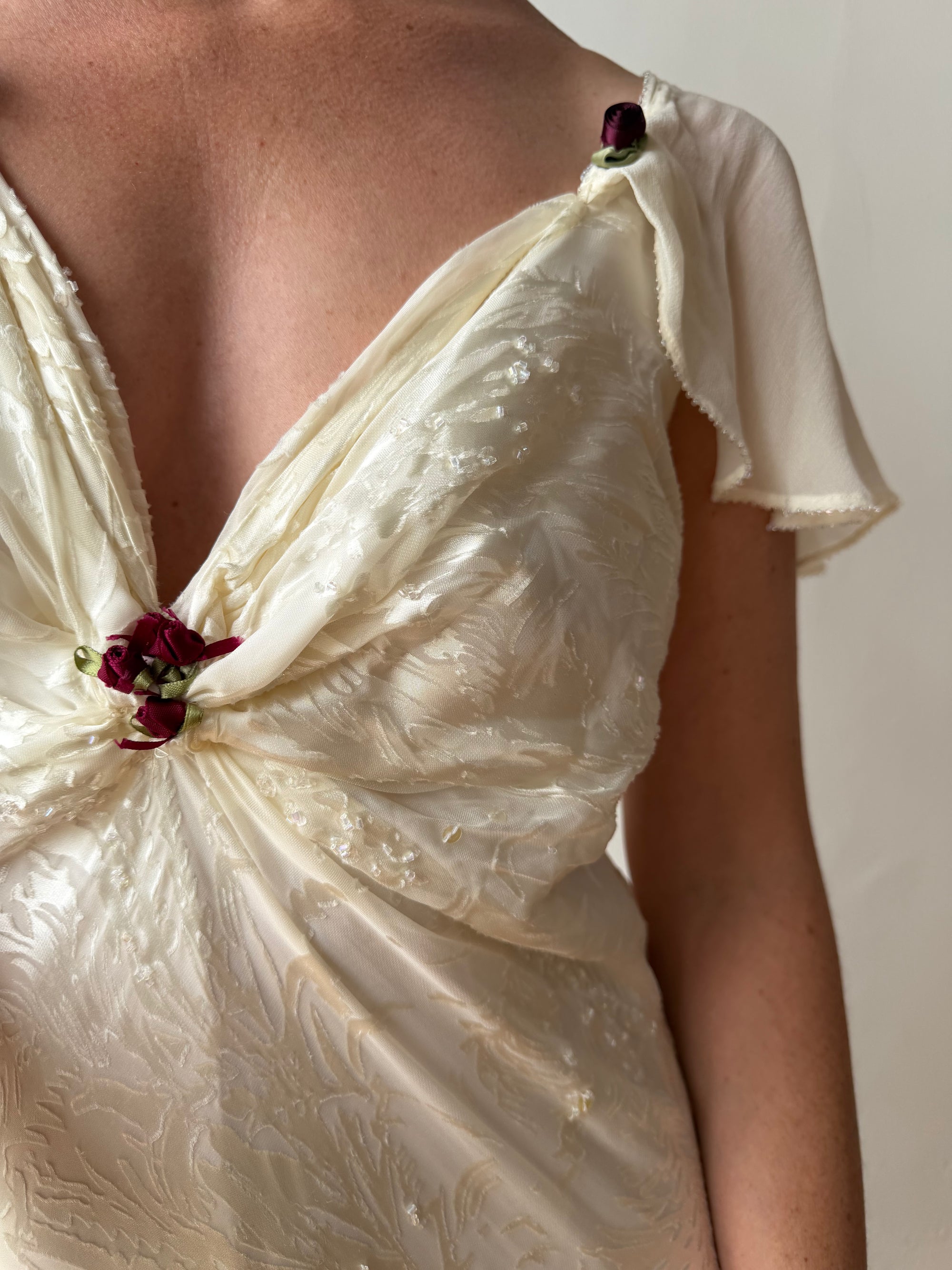 Vintage 90s Silk Jacquard Petite Rose Wedding Dress