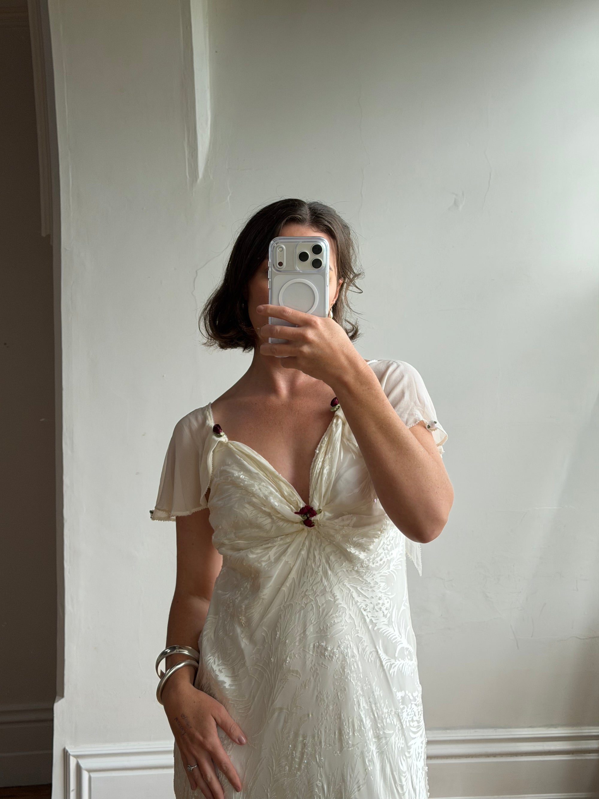 Vintage 90s Silk Jacquard Petite Rose Wedding Dress
