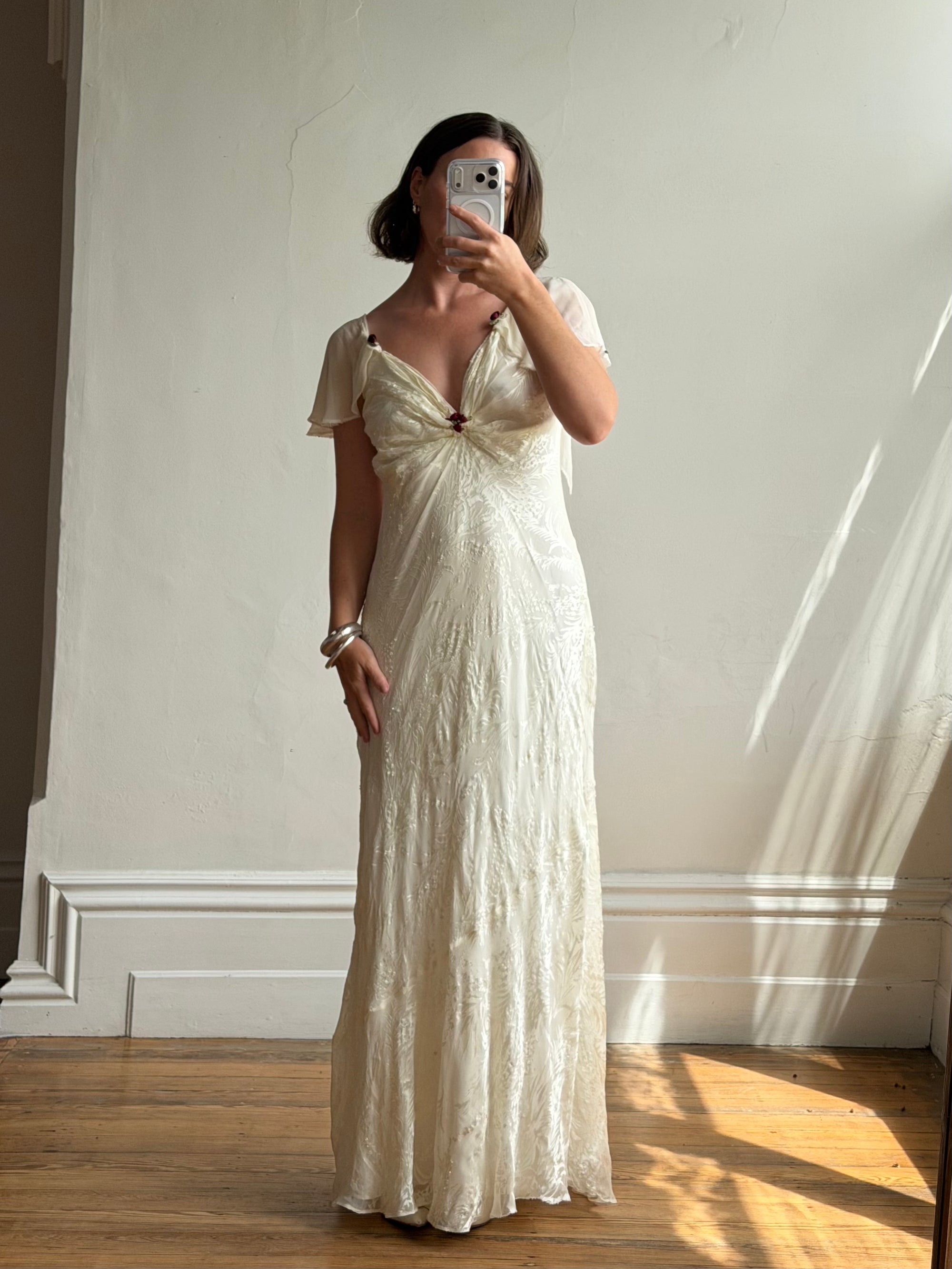 Vintage 90s Silk Jacquard Petite Rose Wedding Dress