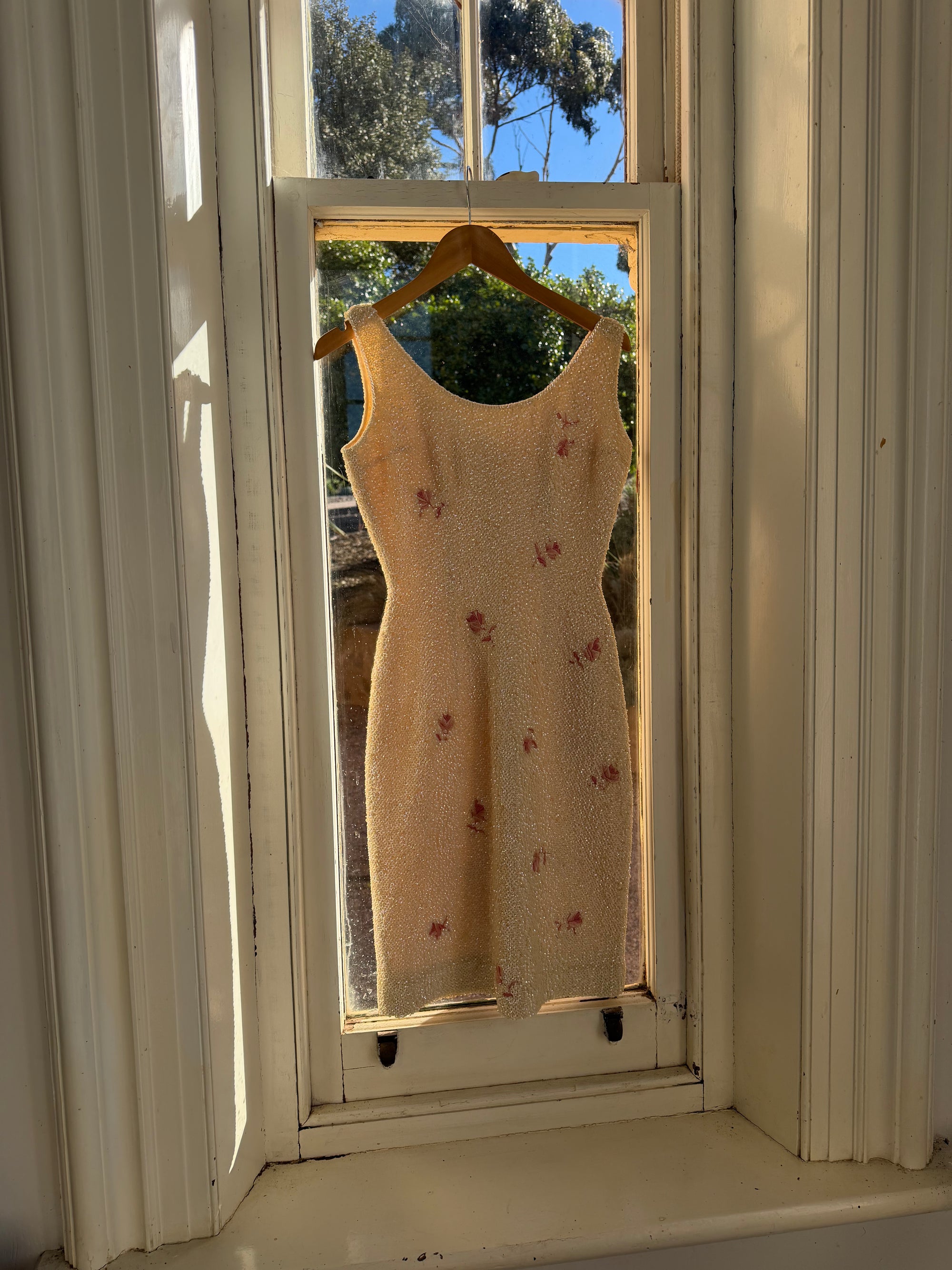 Vintage 60s Sequin Wool Knit Dress Pink Petite Florals