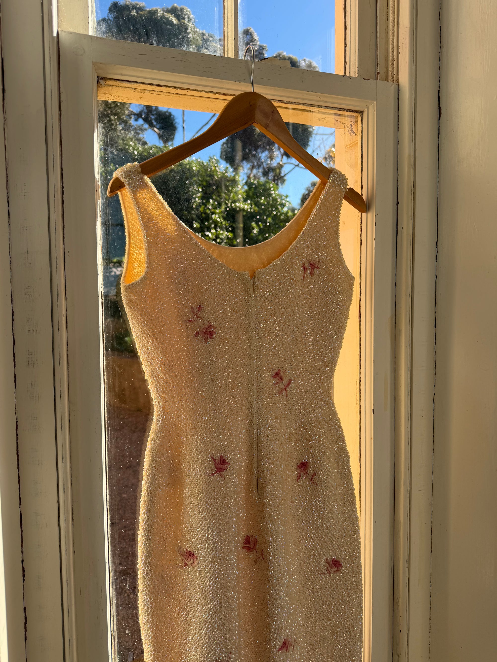 Vintage 60s Sequin Wool Knit Dress Pink Petite Florals